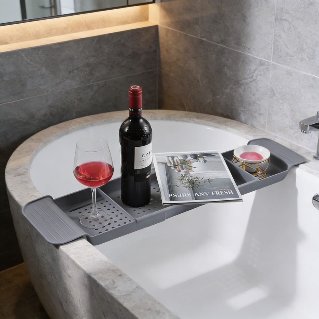 Adjustable Modern Bathtub Caddy Tray with Non-Slip Grip Made of Durable Plastic for Books Wine and Tablets | ribuella