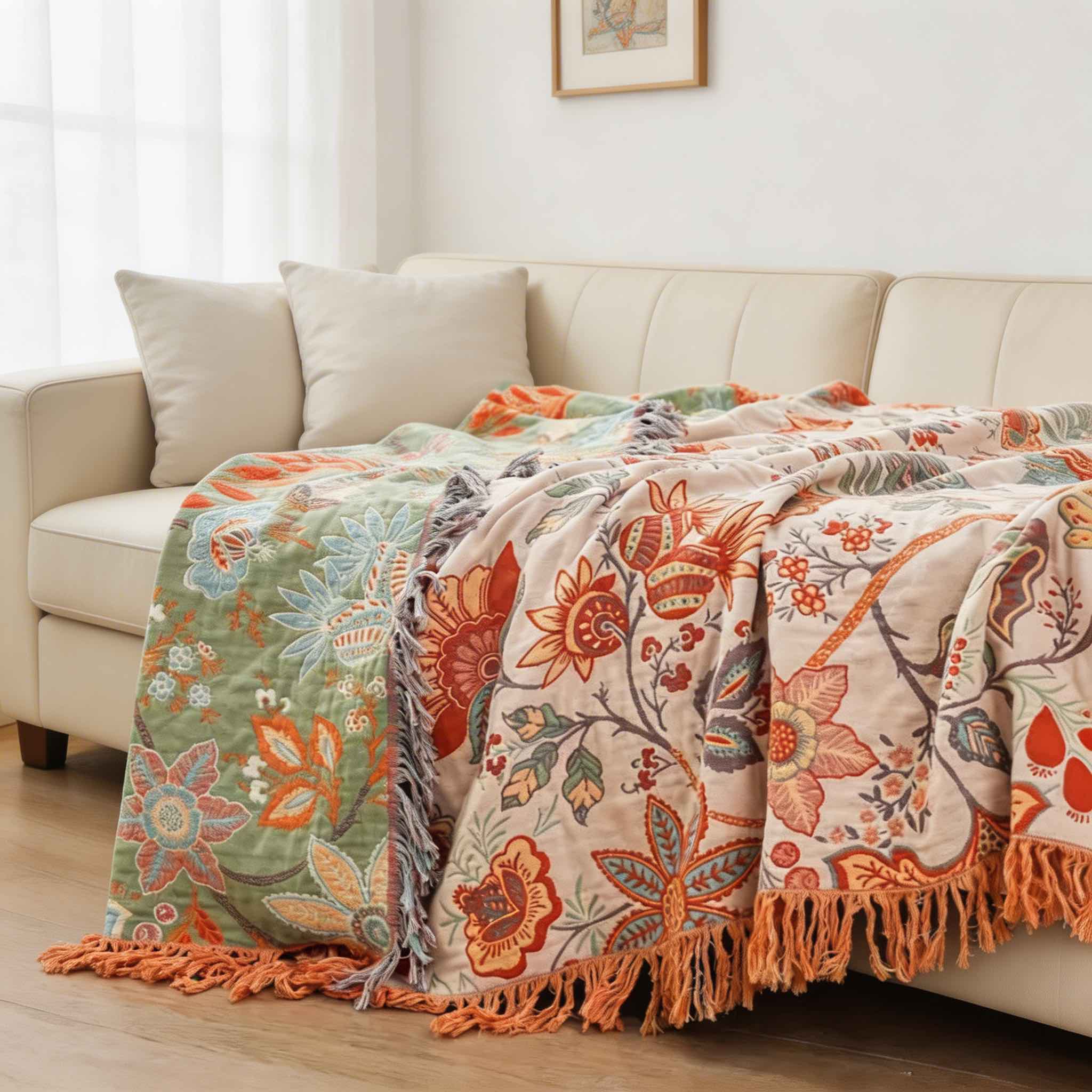 Bohemian Floral Throw Blanket Cotton Multi-Purpose Soft Cozy Machine Washable for Year-Round Comfort | ribuella