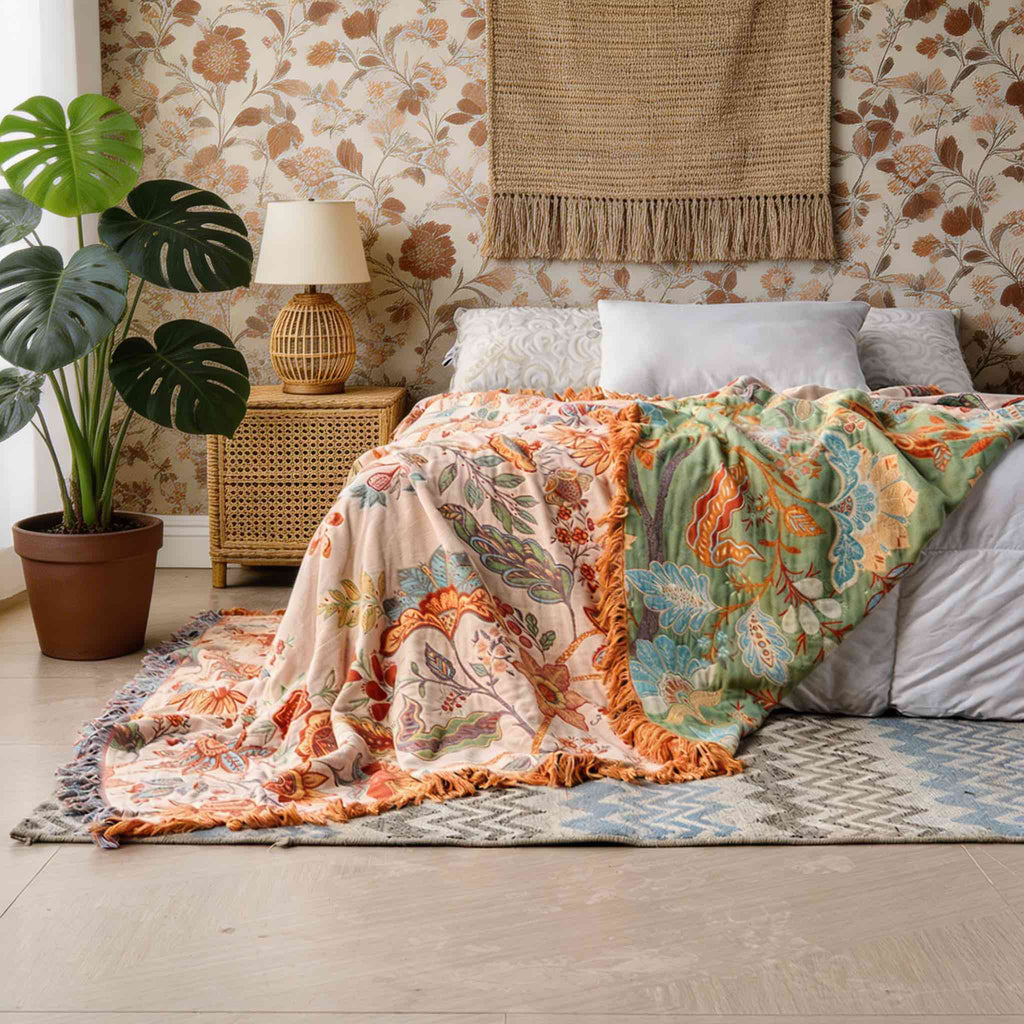 Bohemian Floral Throw Blanket Cotton Multi-Purpose Soft Cozy Machine Washable for Year-Round Comfort | ribuella