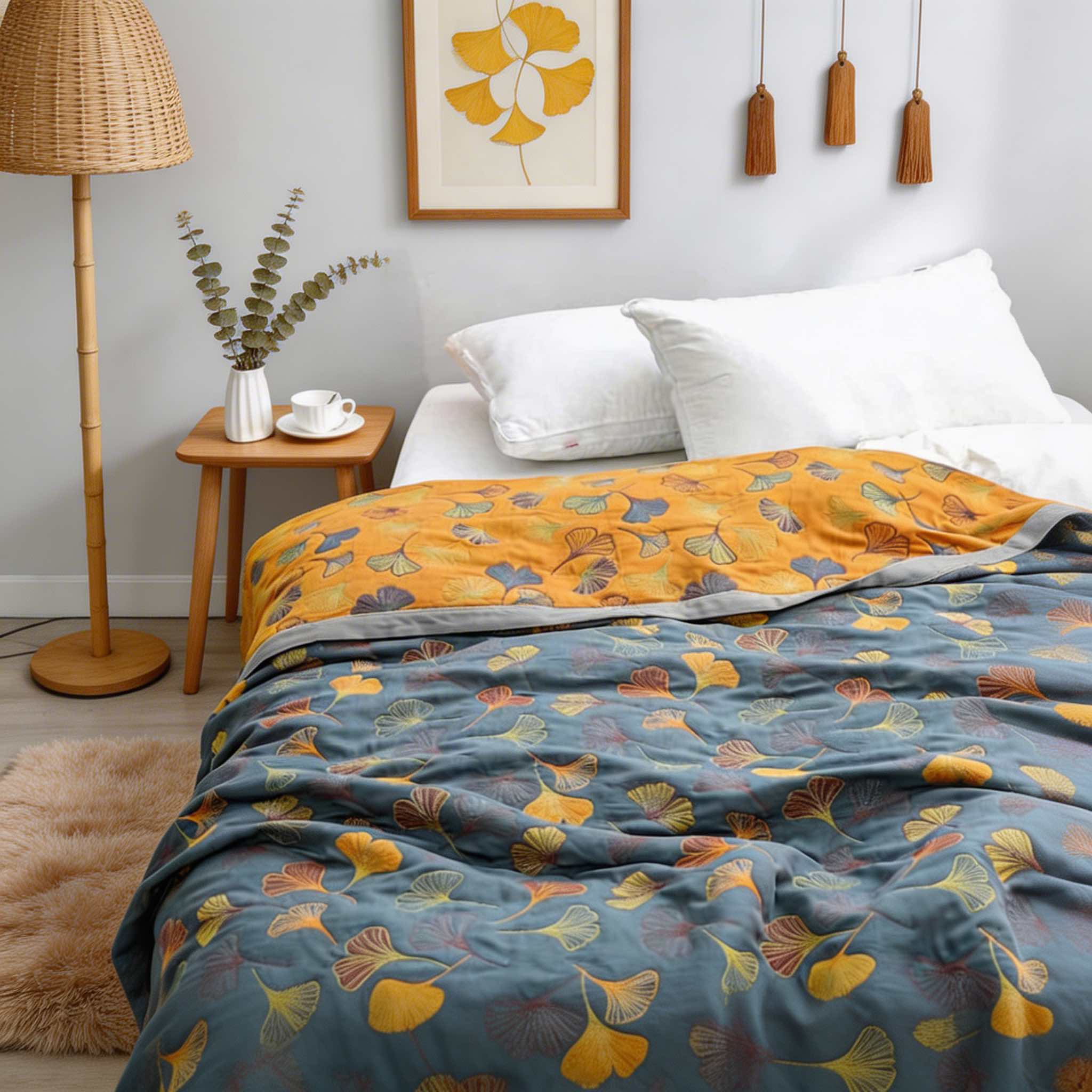 Ginkgo Leaf Throw Blanket Reversible Soft Fleece Fabric Cozy Design for Home Decor and Outdoor Use | ribuella