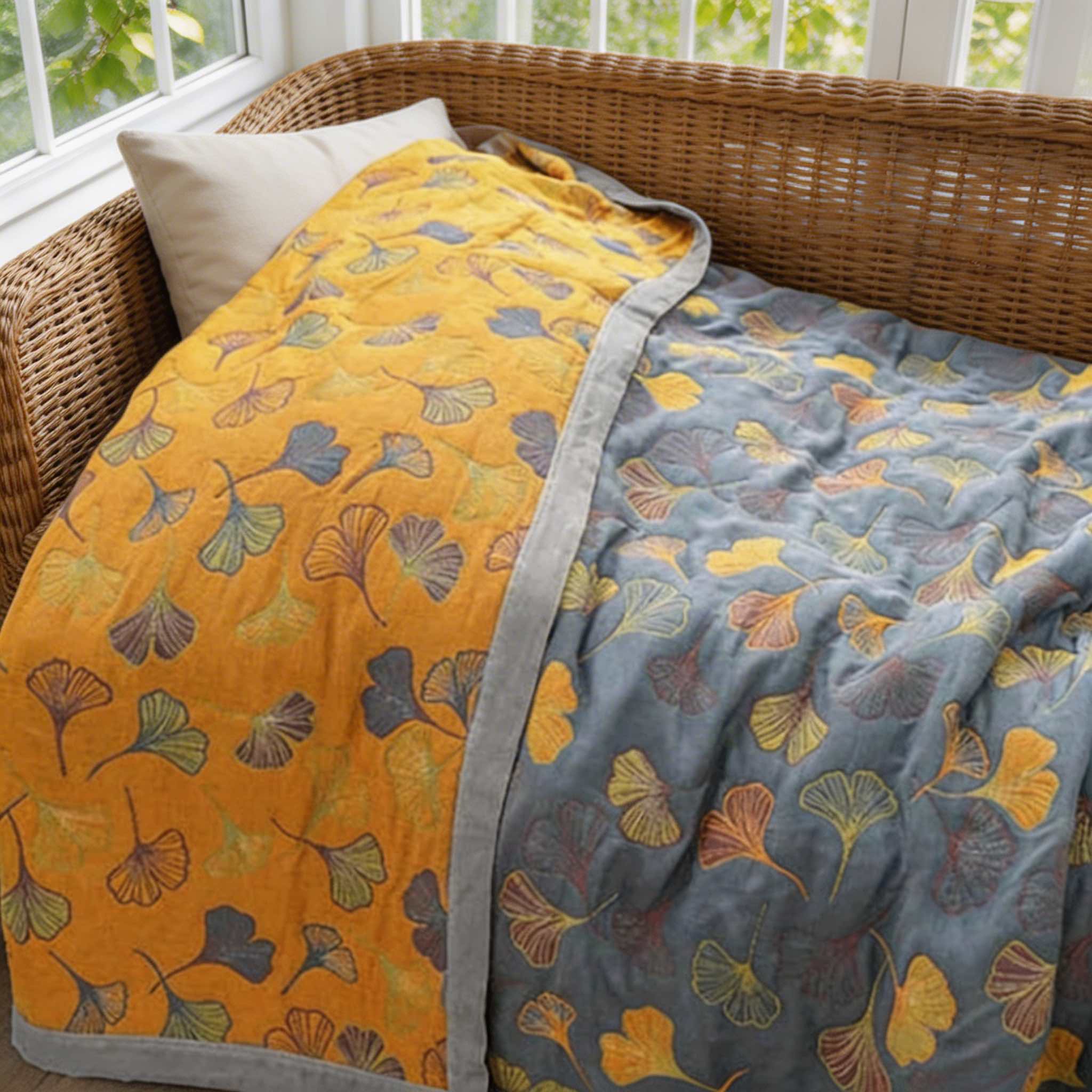 Ginkgo Leaf Throw Blanket Reversible Soft Fleece Fabric Cozy Design for Home Decor and Outdoor Use | ribuella