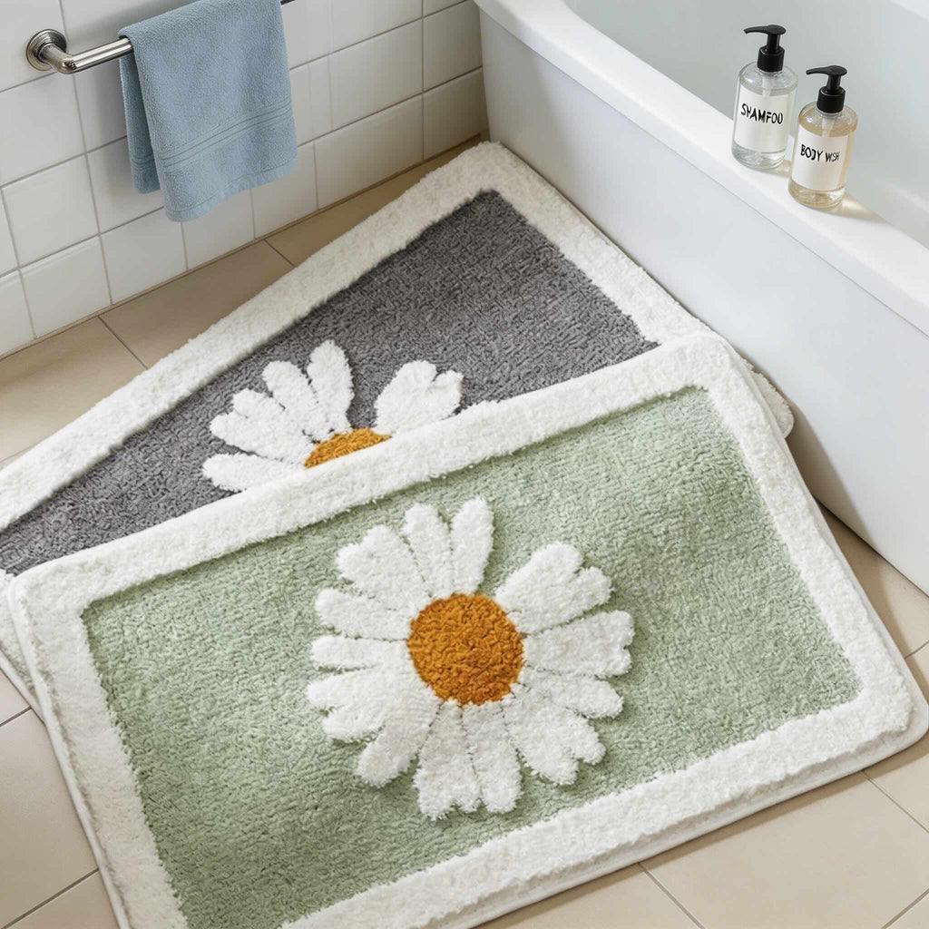 Contemporary Floral Bath Mat Plush Microfiber Non-Slip Rubber Backing Machine Washable for Bathroom and Shower | ribuella