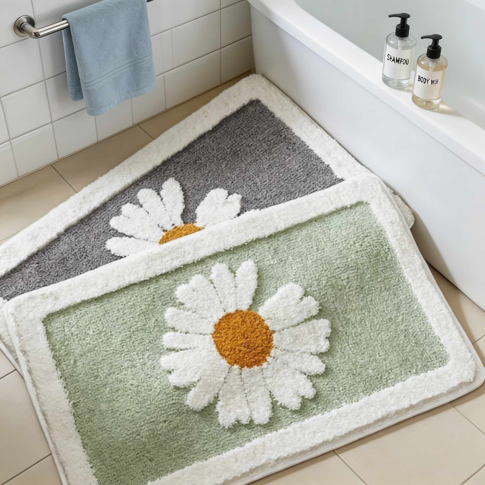 Contemporary Floral Bath Mat Plush Microfiber Non-Slip Rubber Backing Machine Washable for Bathroom and Shower | ribuella