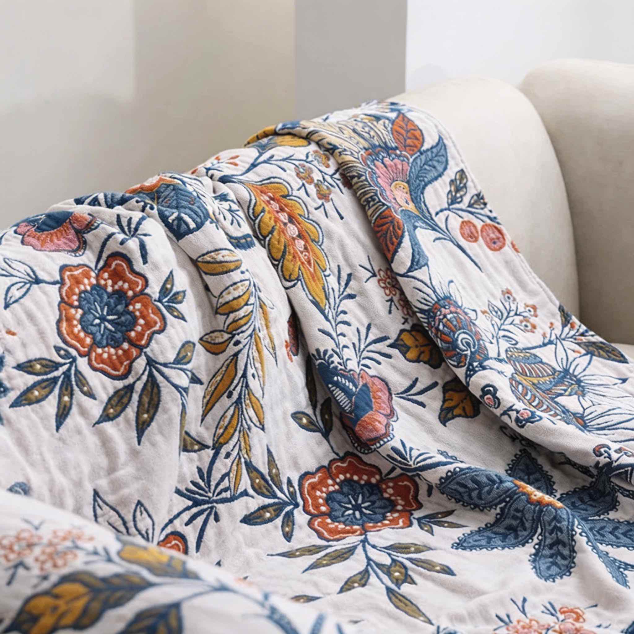 Contemporary Floral Throw Blanket Reversible Cotton Lightweight Decorative Accent Machine Washable | ribuella