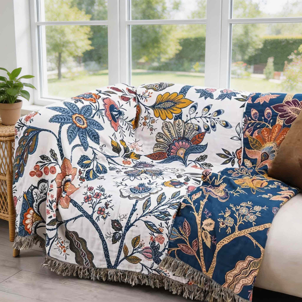 Contemporary Floral Throw Blanket Reversible Cotton Lightweight Decorative Accent Machine Washable | ribuella