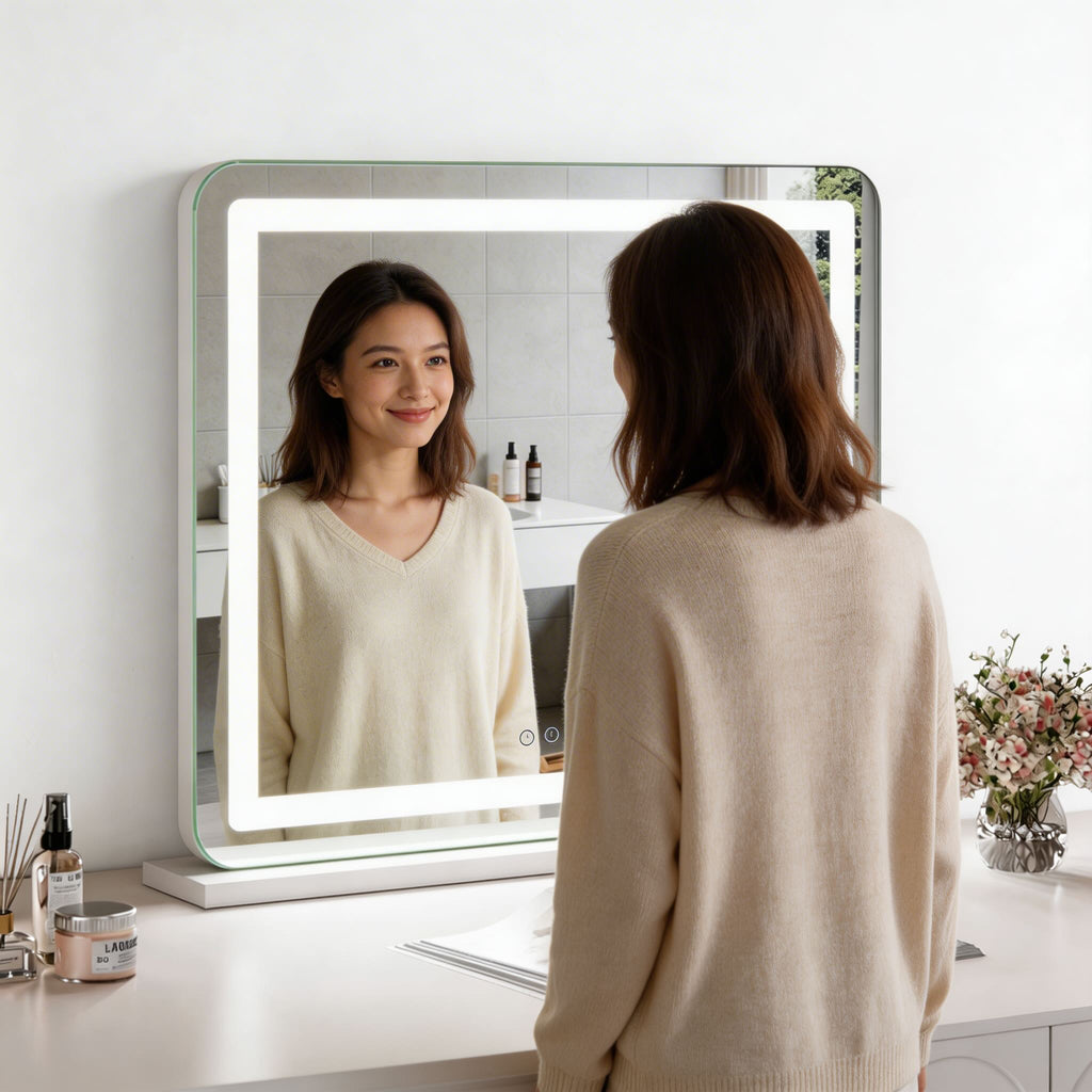 Modern Rectangle Vanity Mirror with Stable Base Aluminum LED Lighting and Adjustable Brightness | ribuella