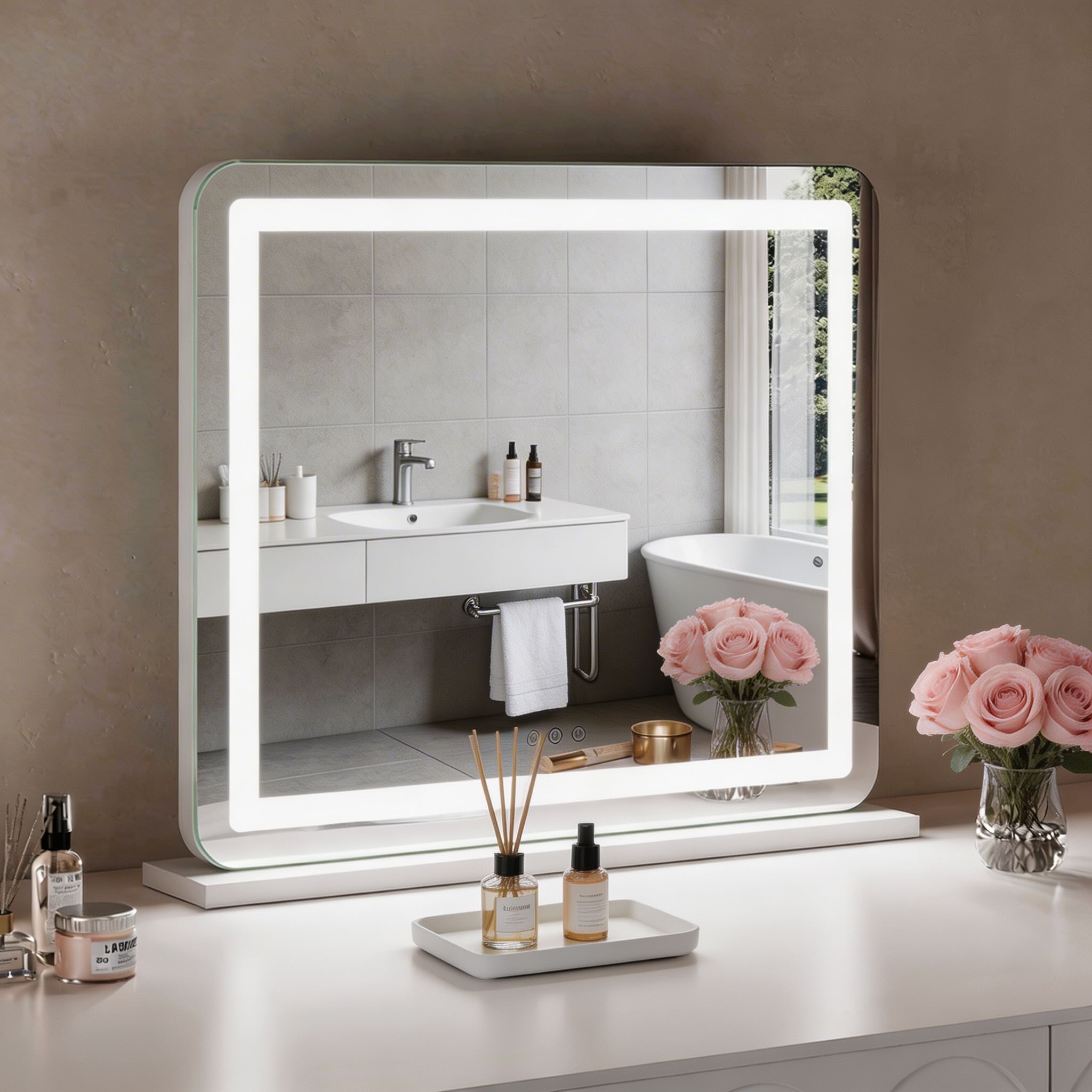 Modern Rectangle Vanity Mirror with Stable Base Aluminum LED Lighting and Adjustable Brightness | ribuella