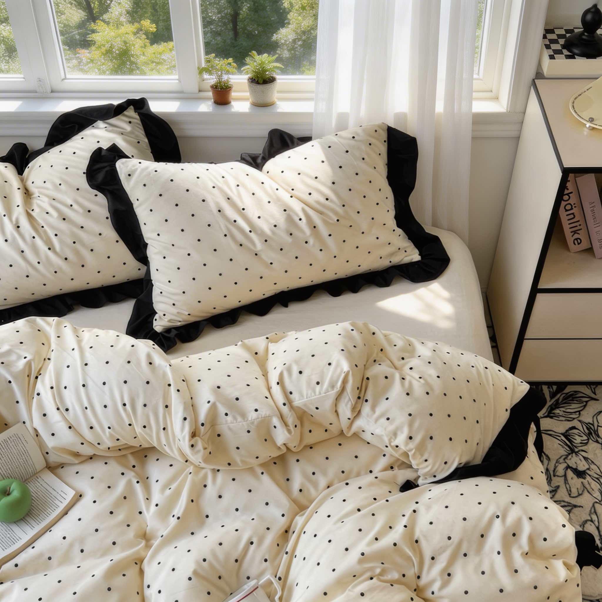 Minimalist Polka Dot Bedding Set Duvet Covers with Ruffle Edging Modern Bedroom Decor | ribuella