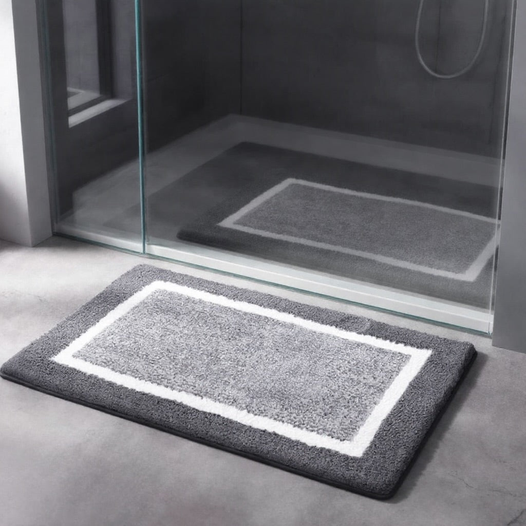 Modern Non-Slip Bath Mat Soft Microfiber Quick-Drying with Two-Tone Border for Bathroom and Shower Use | ribuella