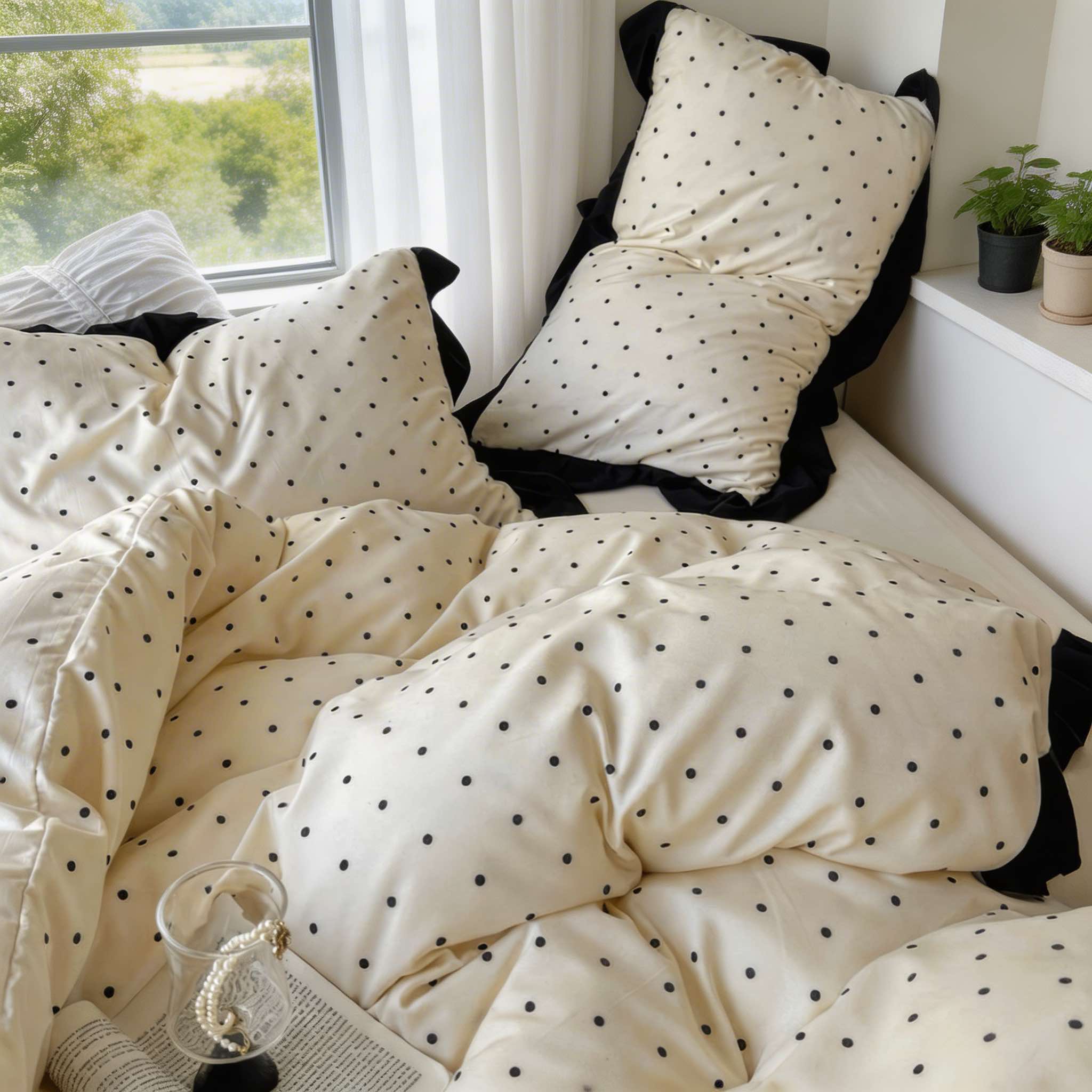 Minimalist Polka Dot Bedding Set Duvet Covers with Ruffle Edging Modern Bedroom Decor | ribuella