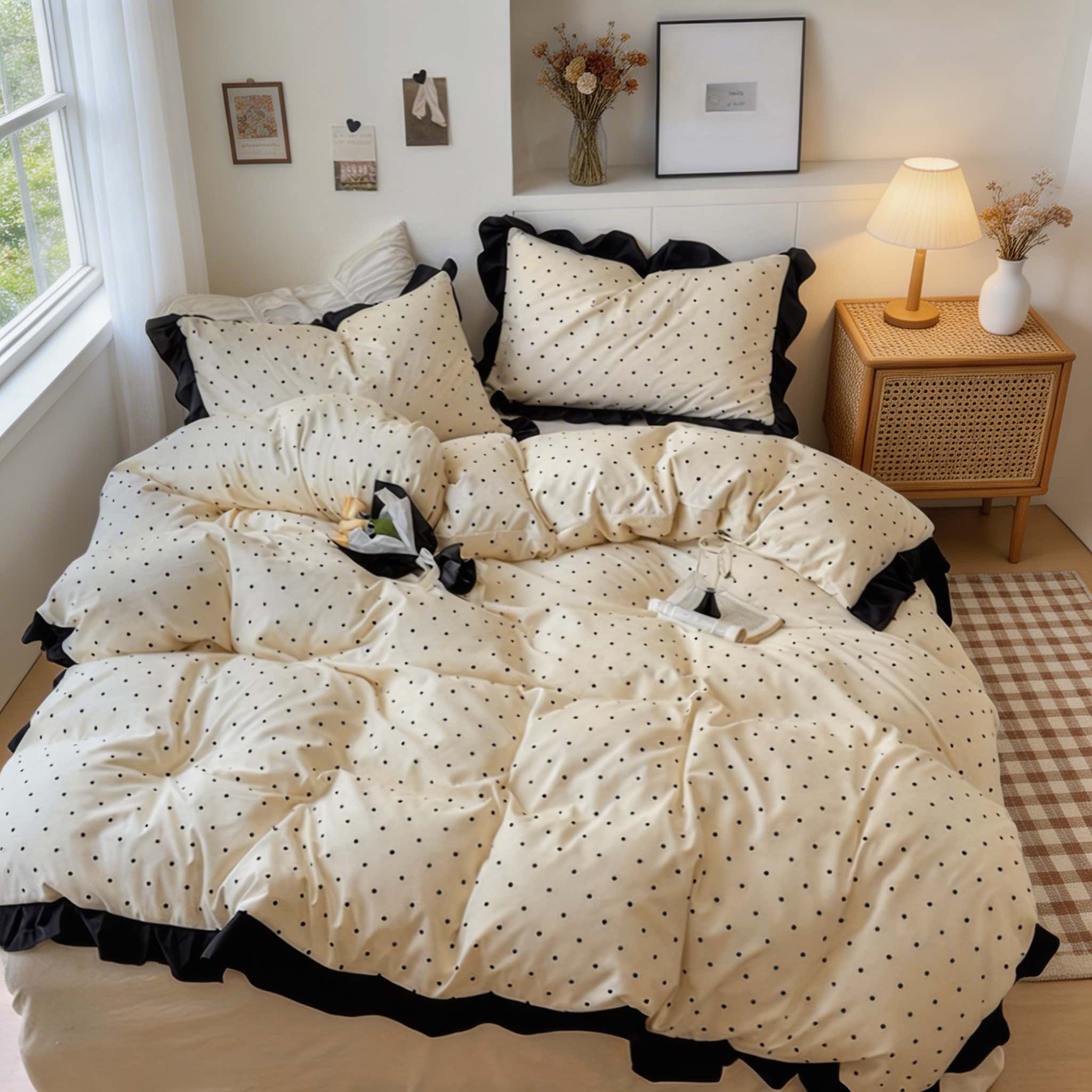 Minimalist Polka Dot Bedding Set Duvet Covers with Ruffle Edging Modern Bedroom Decor | ribuella