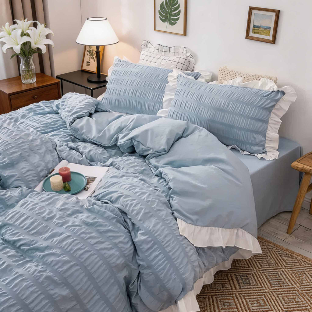 Modern Ribbed Bedding Set with Duvet Cover Flat Sheet and Pillow Cases for Comfortable Sleep | ribuella