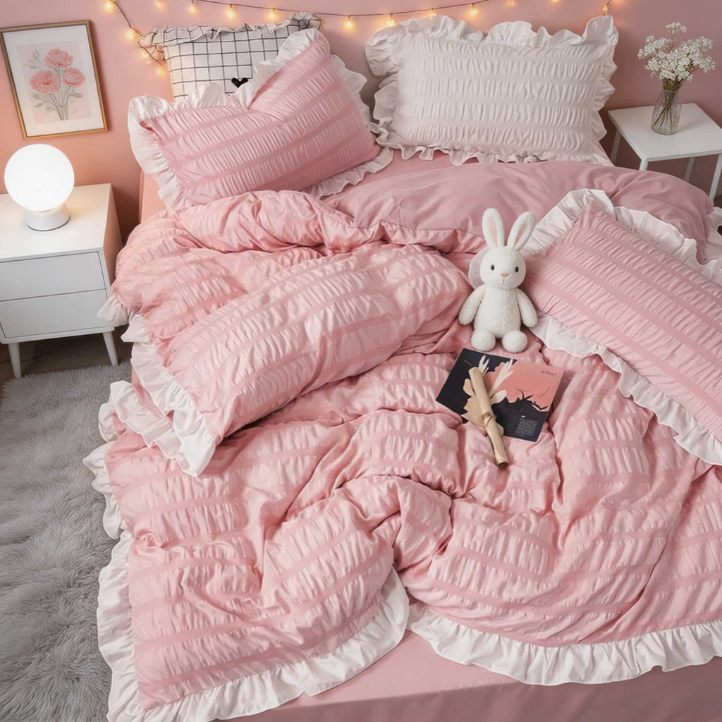 Modern Ribbed Bedding Set with Duvet Cover Flat Sheet and Pillow Cases for Comfortable Sleep | ribuella