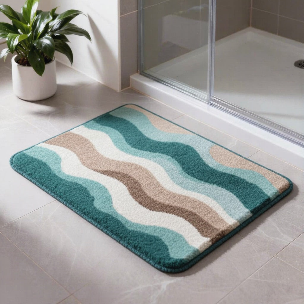 Tapis de bain moderne à motif de vagues côtières, antidérapant, doux et absorbant, en matériau floqué pour la sécurité dans la salle de bains | ribuella