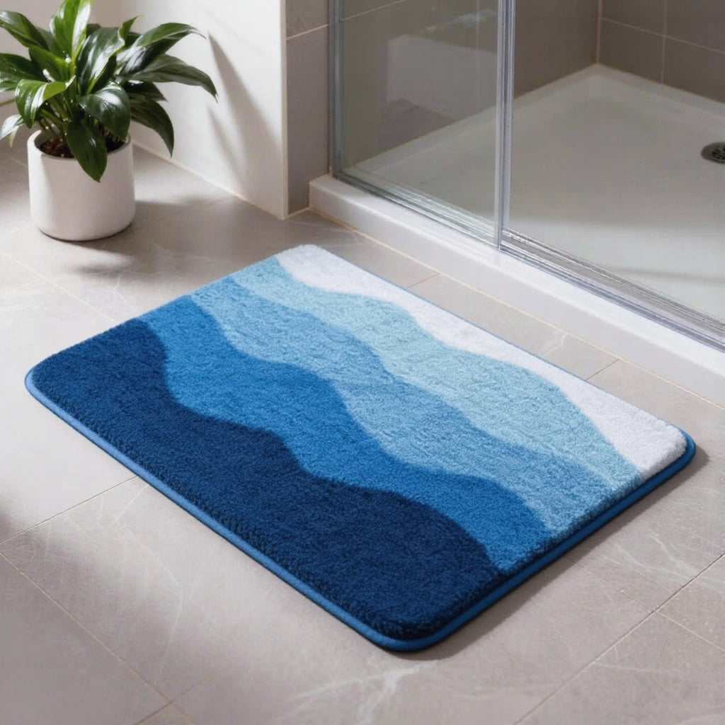 Tapis de bain moderne à motif de vagues côtières, antidérapant, doux et absorbant, en matériau floqué pour la sécurité dans la salle de bains | ribuella