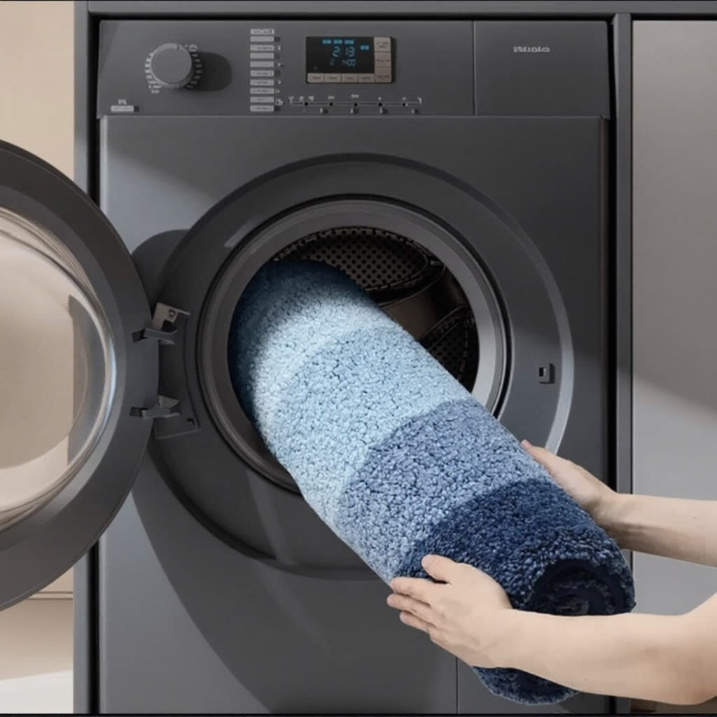 Tapis de bain moderne à motif de vagues côtières, antidérapant, doux et absorbant, en matériau floqué pour la sécurité dans la salle de bains | ribuella