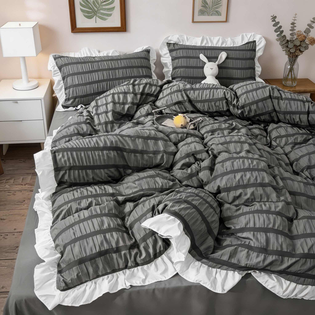 Modern Ribbed Bedding Set with Duvet Cover Flat Sheet and Pillow Cases for Comfortable Sleep | ribuella