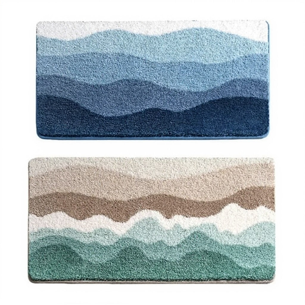 Tapis de bain moderne à motif de vagues côtières, antidérapant, doux et absorbant, en matériau floqué pour la sécurité dans la salle de bains | ribuella