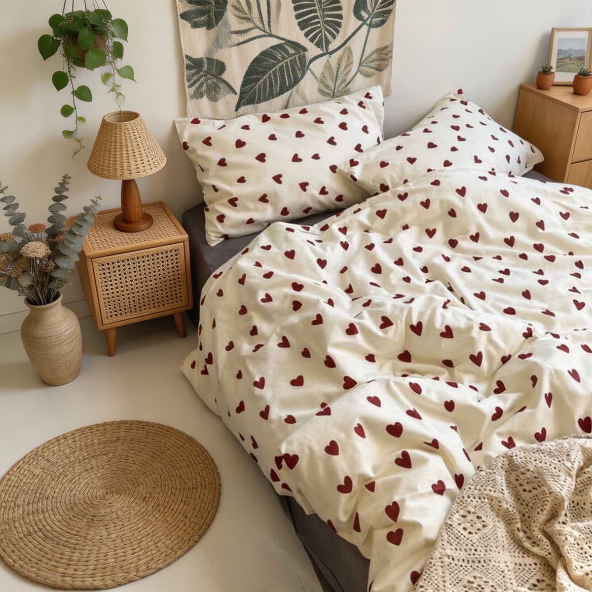 Vintage Aesthetic Bedding Set Duvet Covers with Red Hearts Print for Cozy Cottage core Decor | ribuella
