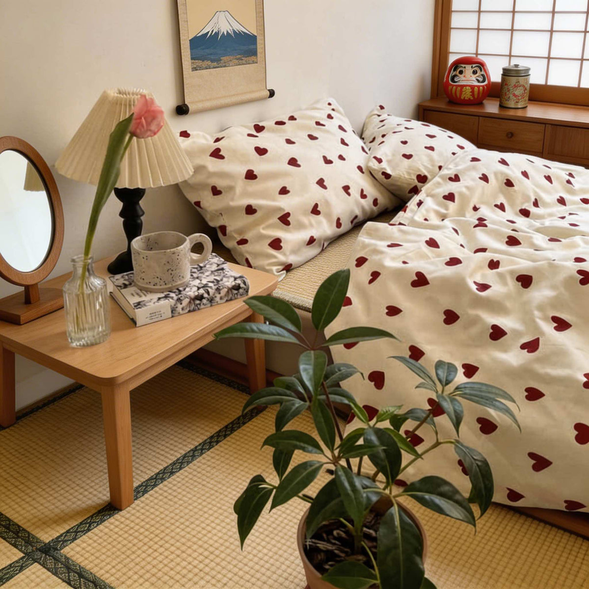 Vintage Aesthetic Bedding Set Duvet Covers with Red Hearts Print for Cozy Cottage core Decor | ribuella