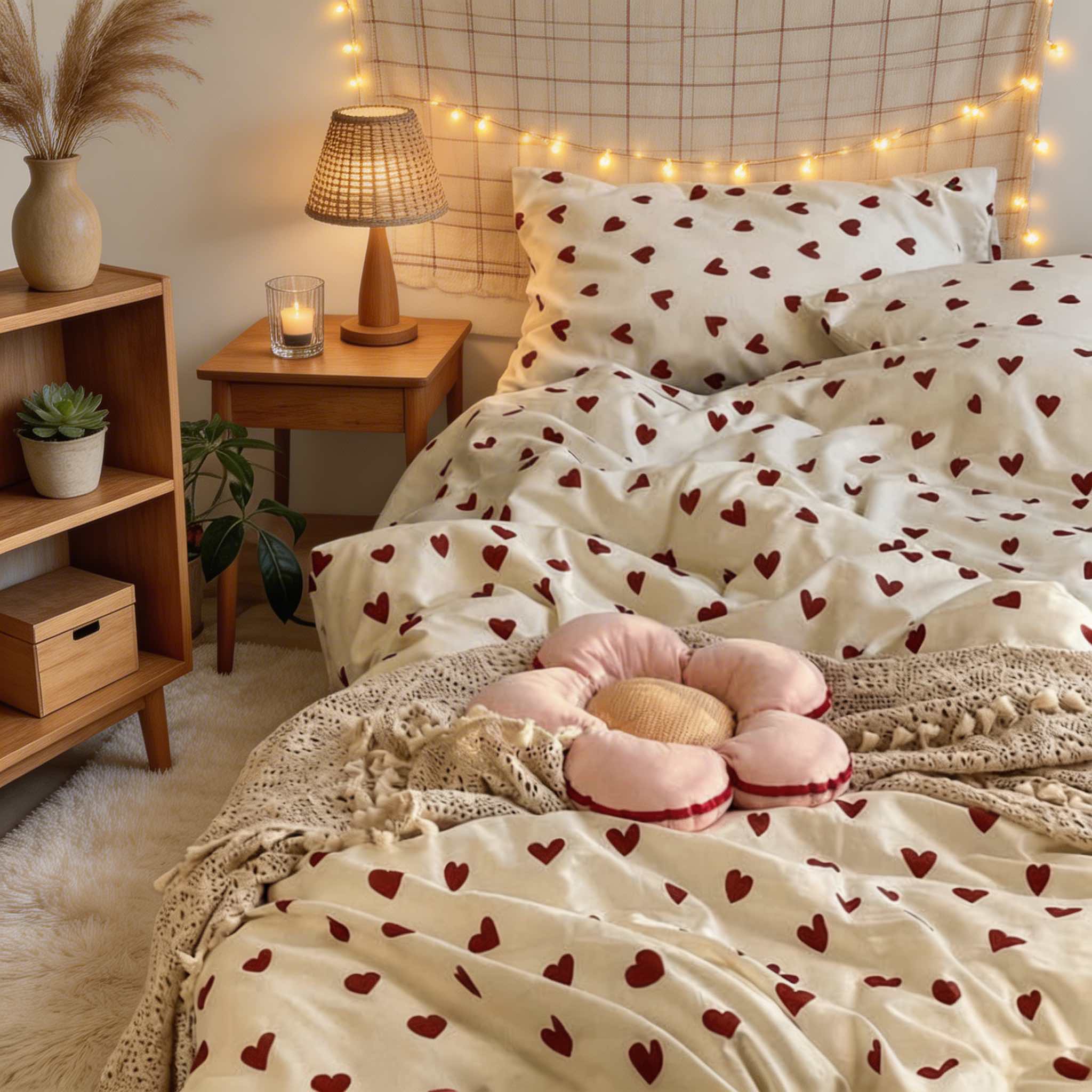 Vintage Aesthetic Bedding Set Duvet Covers with Red Hearts Print for Cozy Cottage core Decor | ribuella