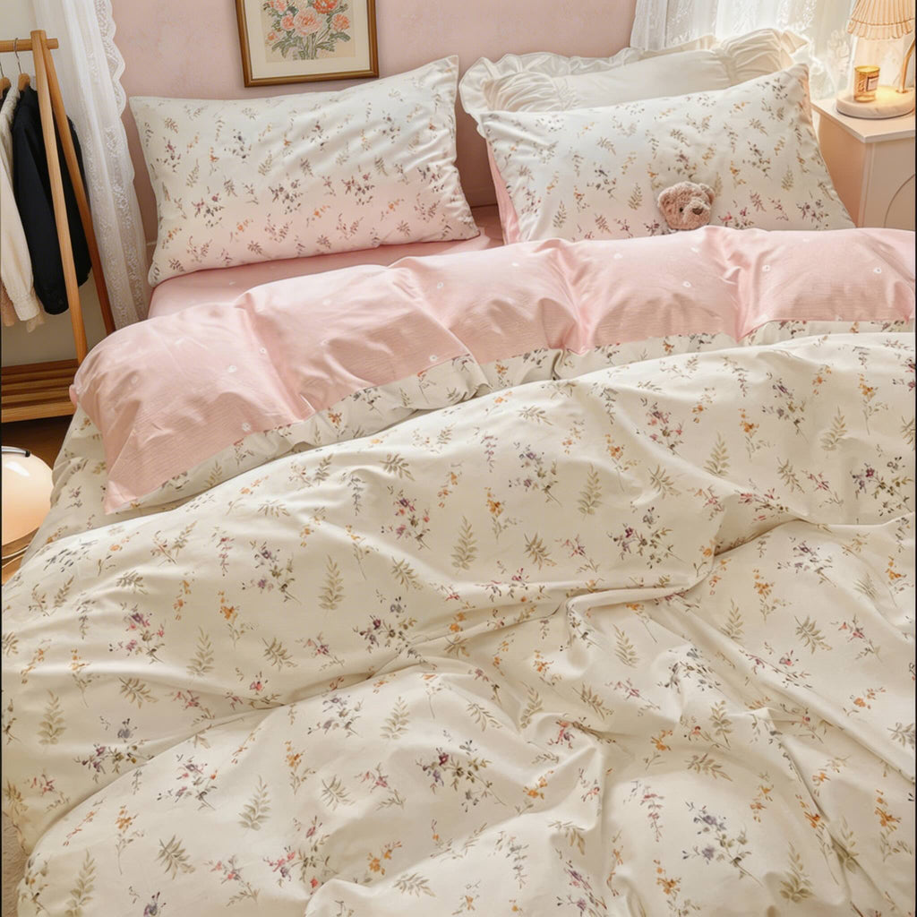 Floral Print Bedding Set Polyester Duvet Cover Flat Sheet Pillow Cases Soft Fabric Multiple Sizes | ribuella