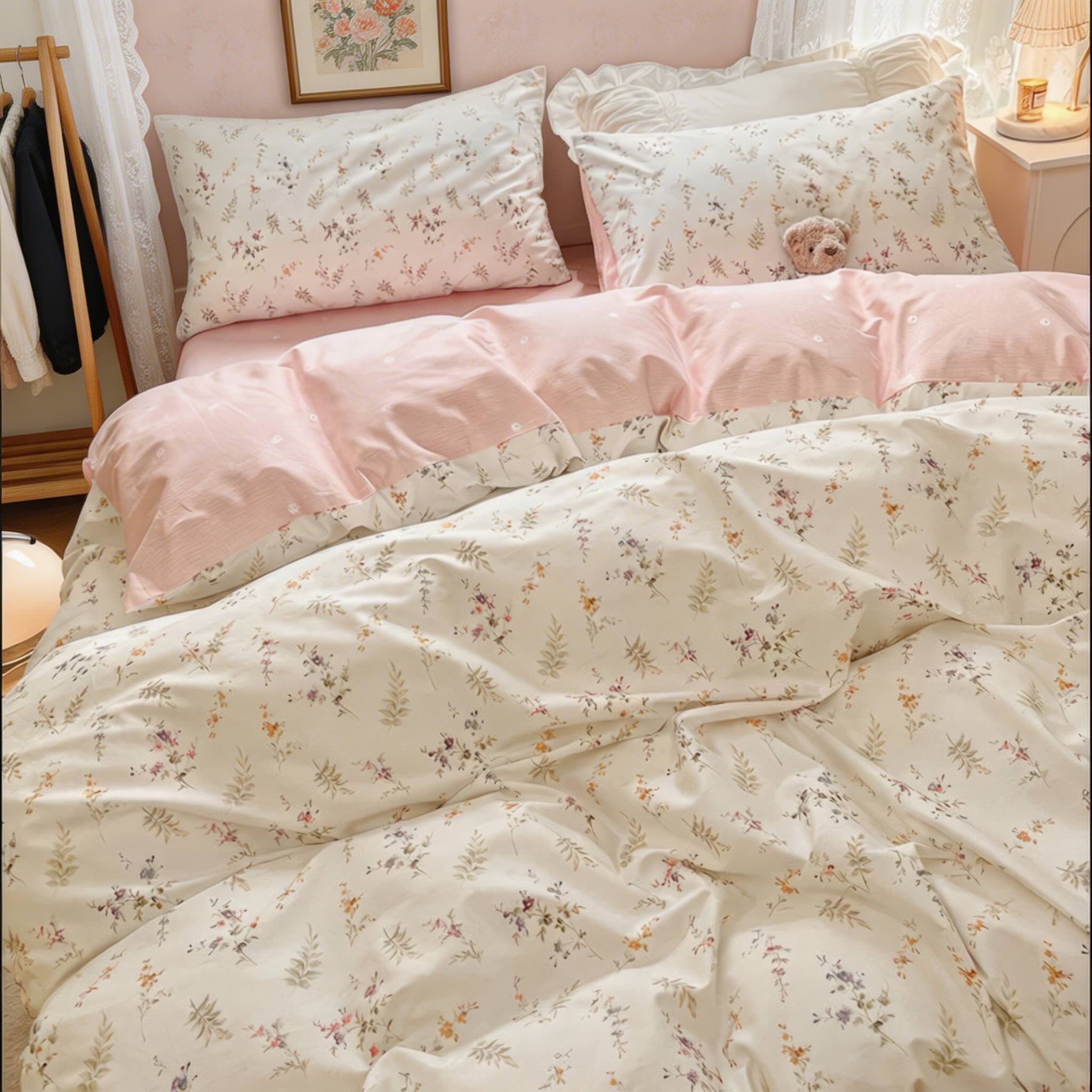 Floral Print Bedding Set Polyester Duvet Cover Flat Sheet Pillow Cases Soft Fabric Multiple Sizes | ribuella