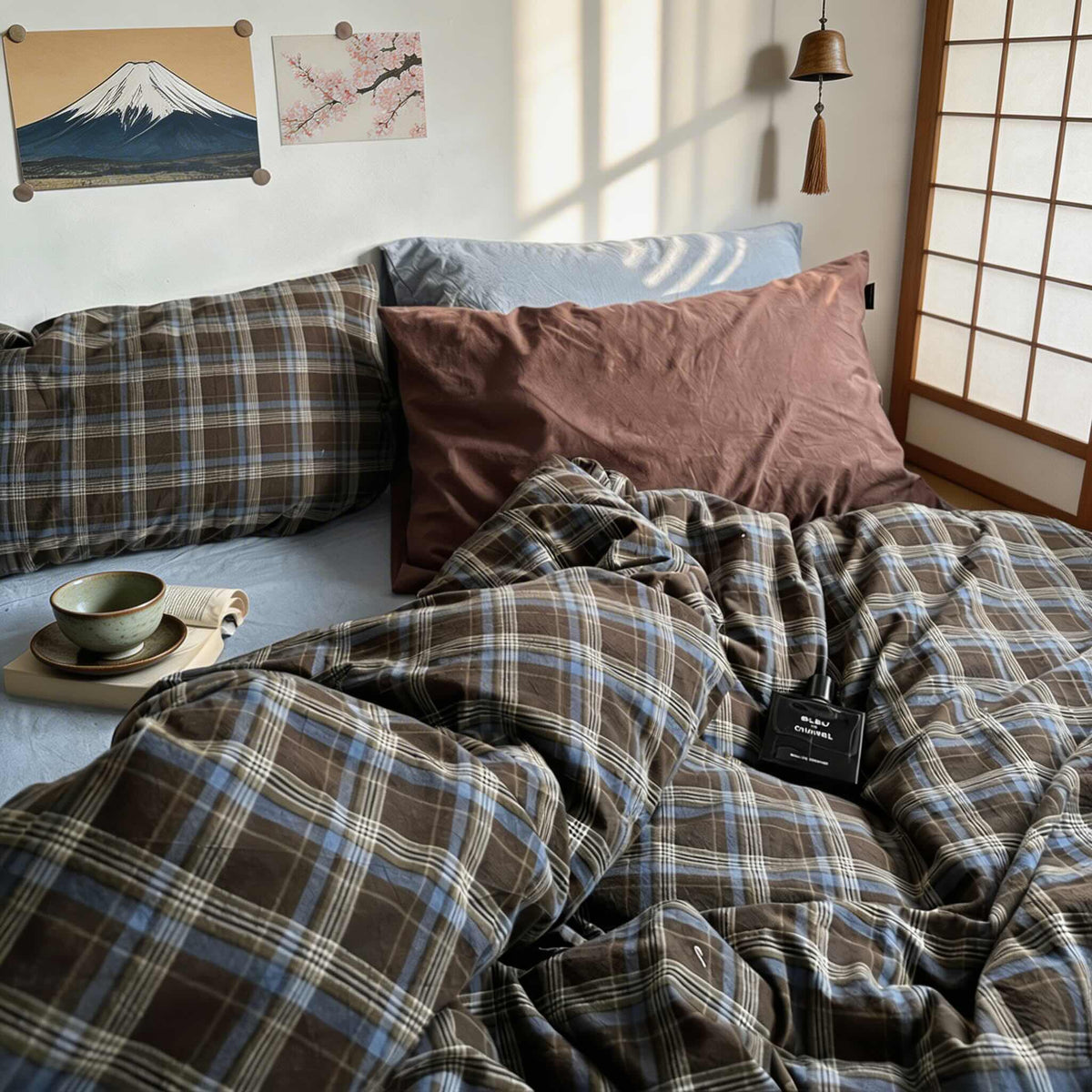 Conjunto de roupa de cama axadrezada vintage com capa de edredão, lençol de cima e fronhas em algodão 100% para uma decoração acolhedora do quarto | ribuella