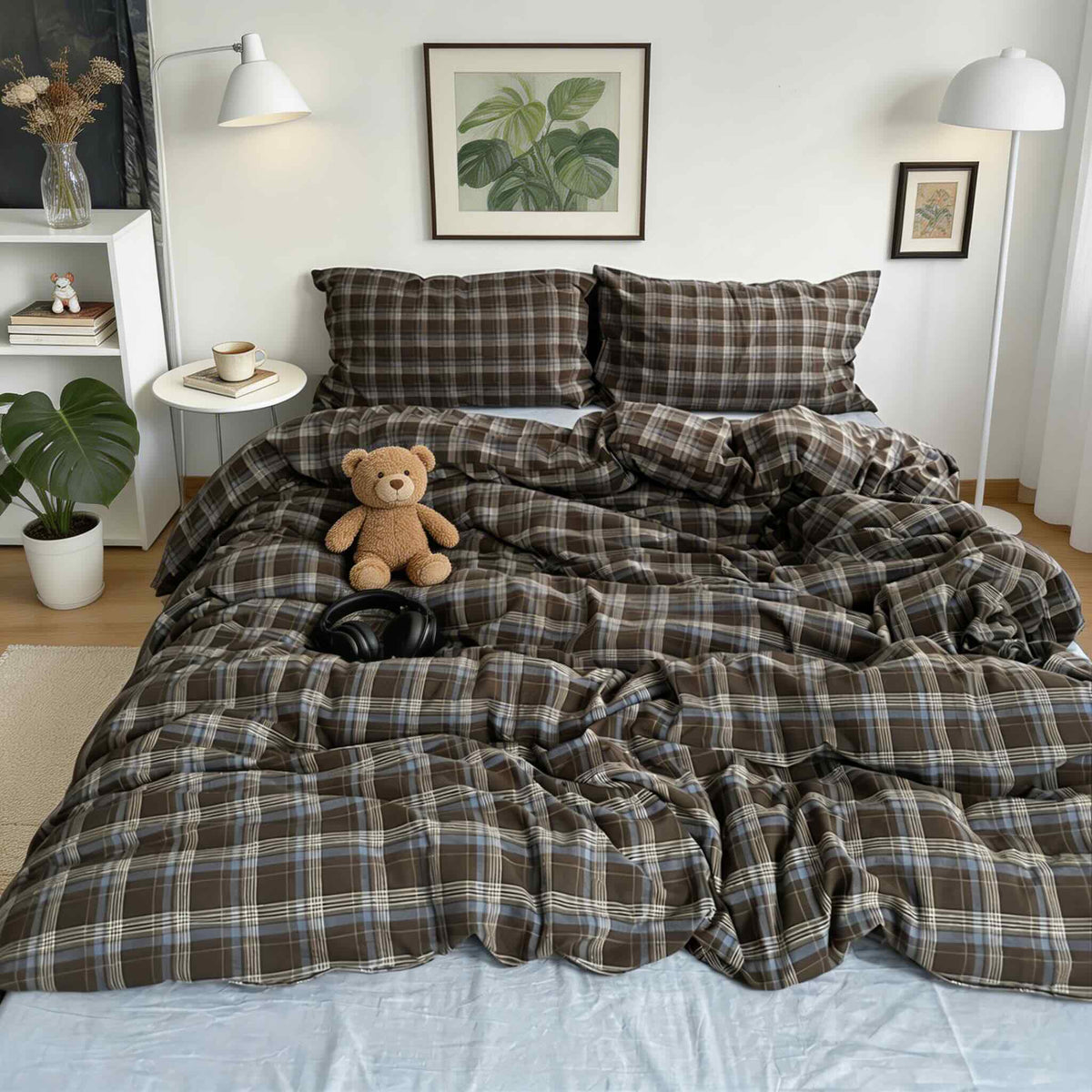 Conjunto de roupa de cama axadrezada vintage com capa de edredão, lençol de cima e fronhas em algodão 100% para uma decoração acolhedora do quarto | ribuella