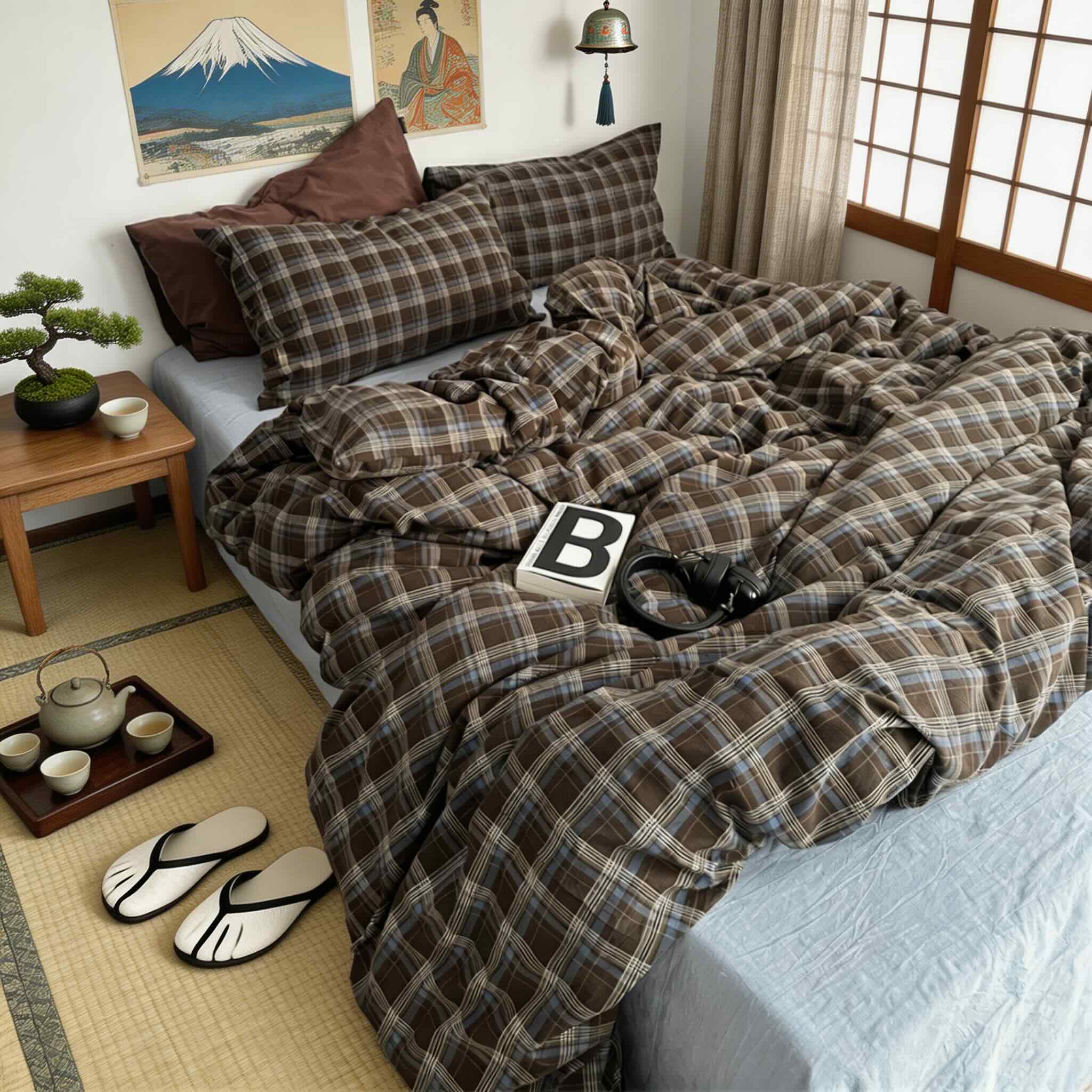 Conjunto de roupa de cama axadrezada vintage com capa de edredão, lençol de cima e fronhas em algodão 100% para uma decoração acolhedora do quarto | ribuella