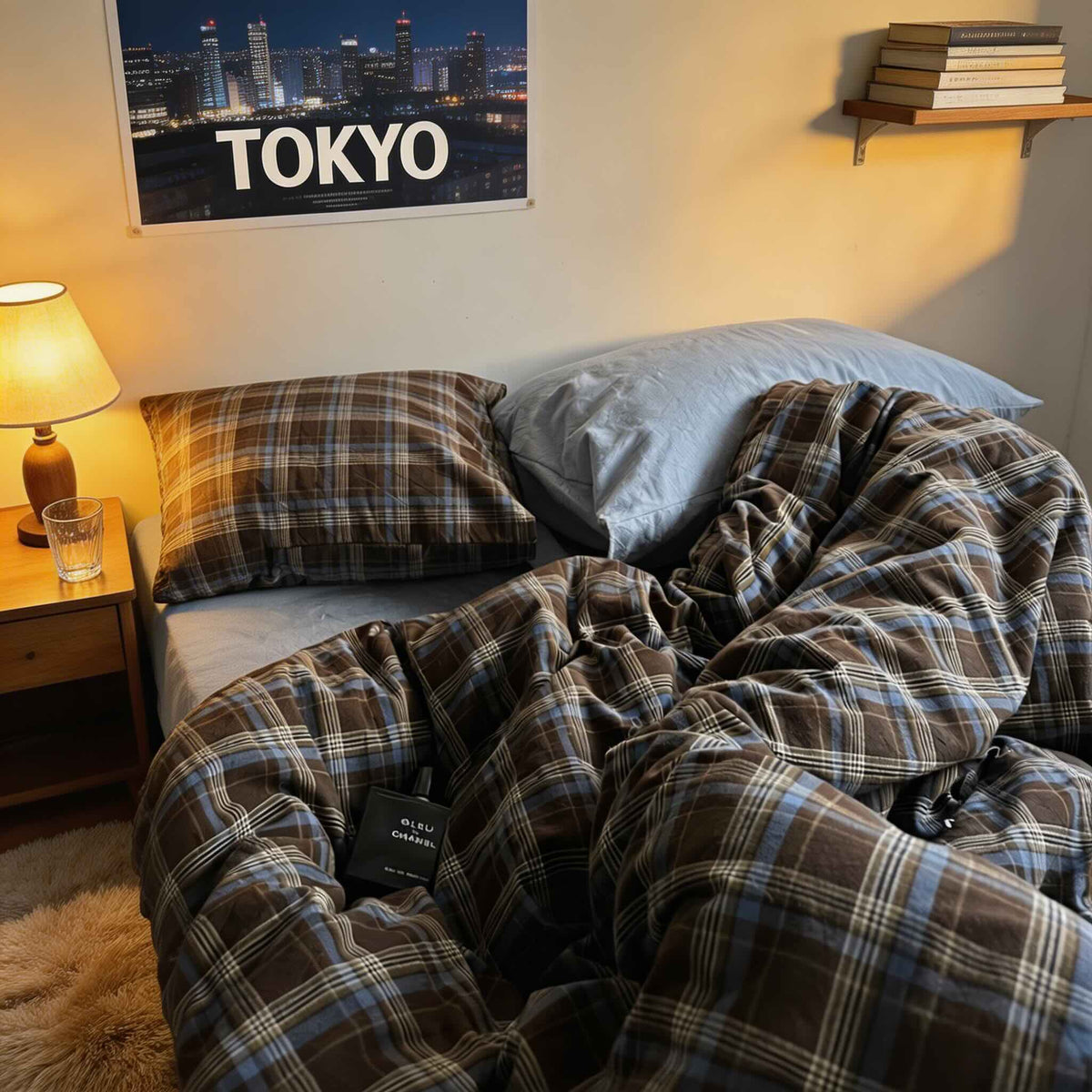 Conjunto de roupa de cama axadrezada vintage com capa de edredão, lençol de cima e fronhas em algodão 100% para uma decoração acolhedora do quarto | ribuella