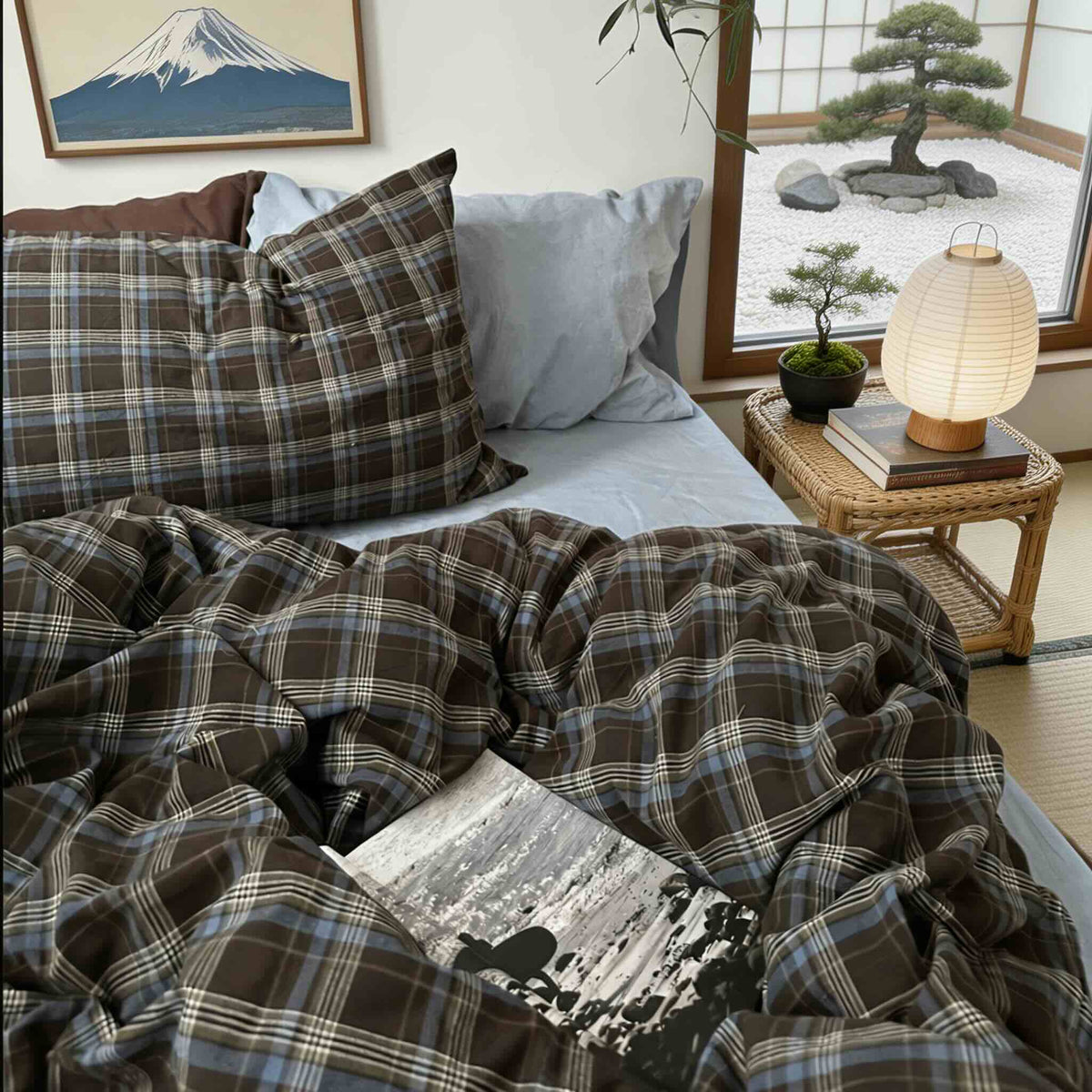 Conjunto de roupa de cama axadrezada vintage com capa de edredão, lençol de cima e fronhas em algodão 100% para uma decoração acolhedora do quarto | ribuella