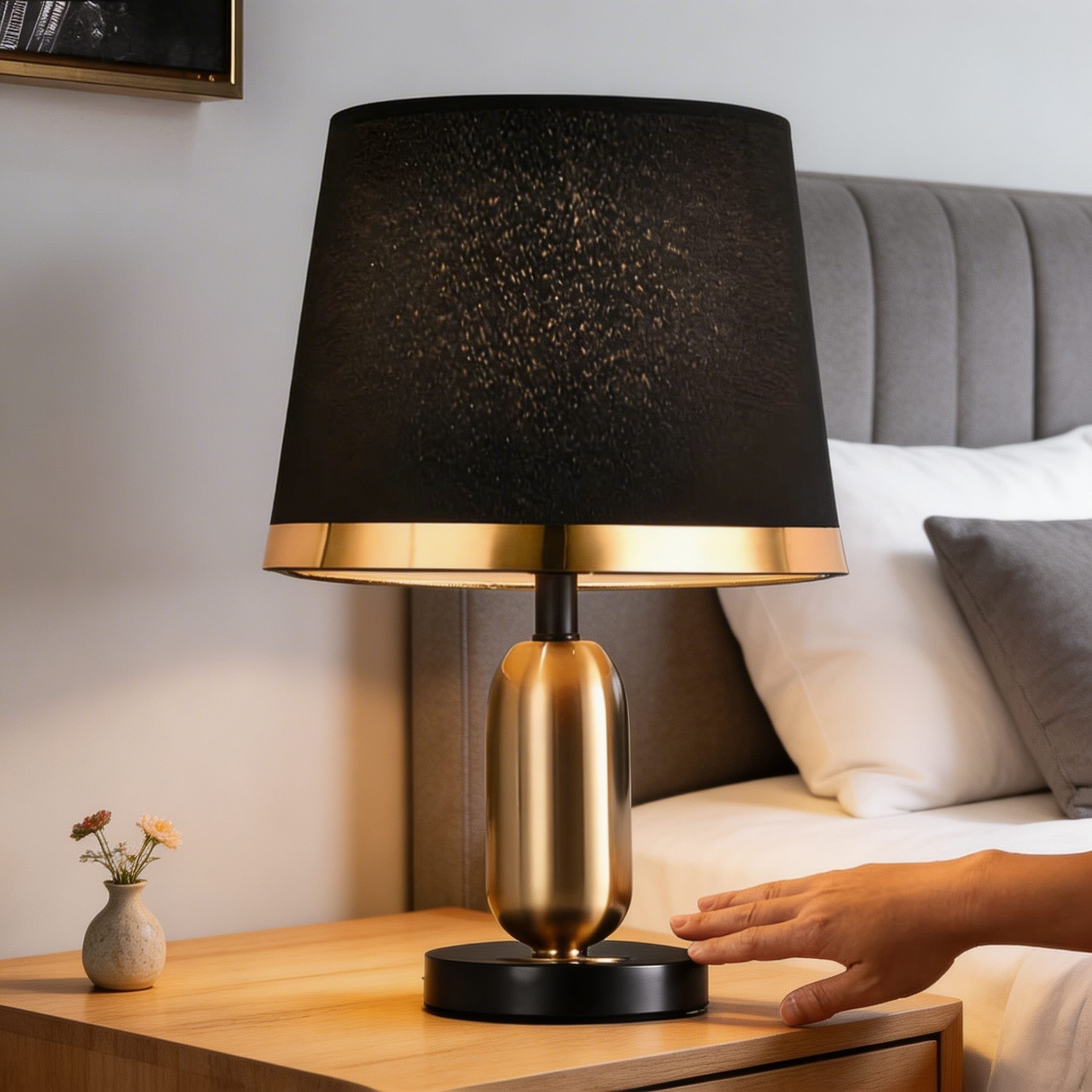 Messing-Tischleuchte im Mid-Century-Stil mit Stoffschirm, Touch-Bedienung und verstellbarer LED-Beleuchtung für Nachttisch oder Schreibtisch | ribuella