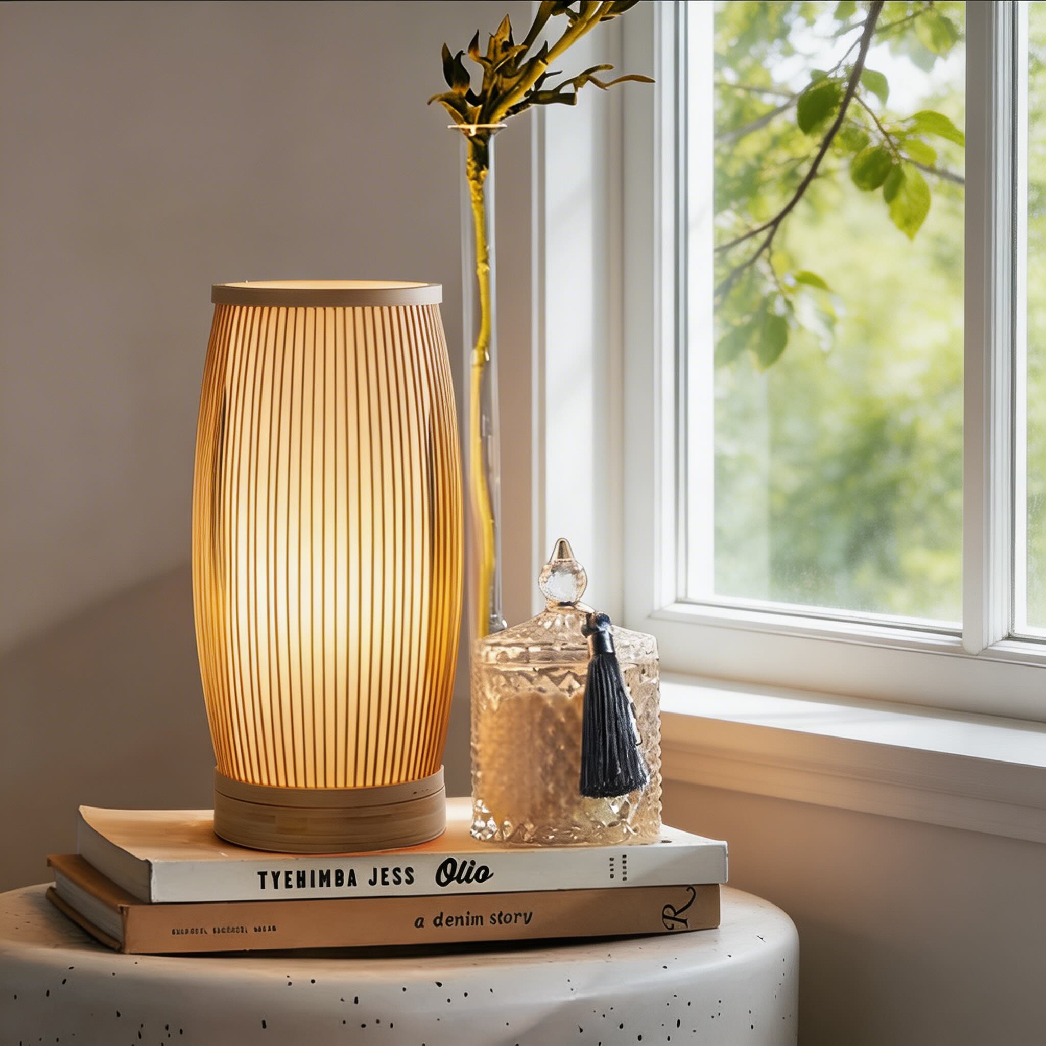 Japanese Style Bamboo Table Lamp Handwoven Lantern Design LED Dimmable Light Source | ribuella