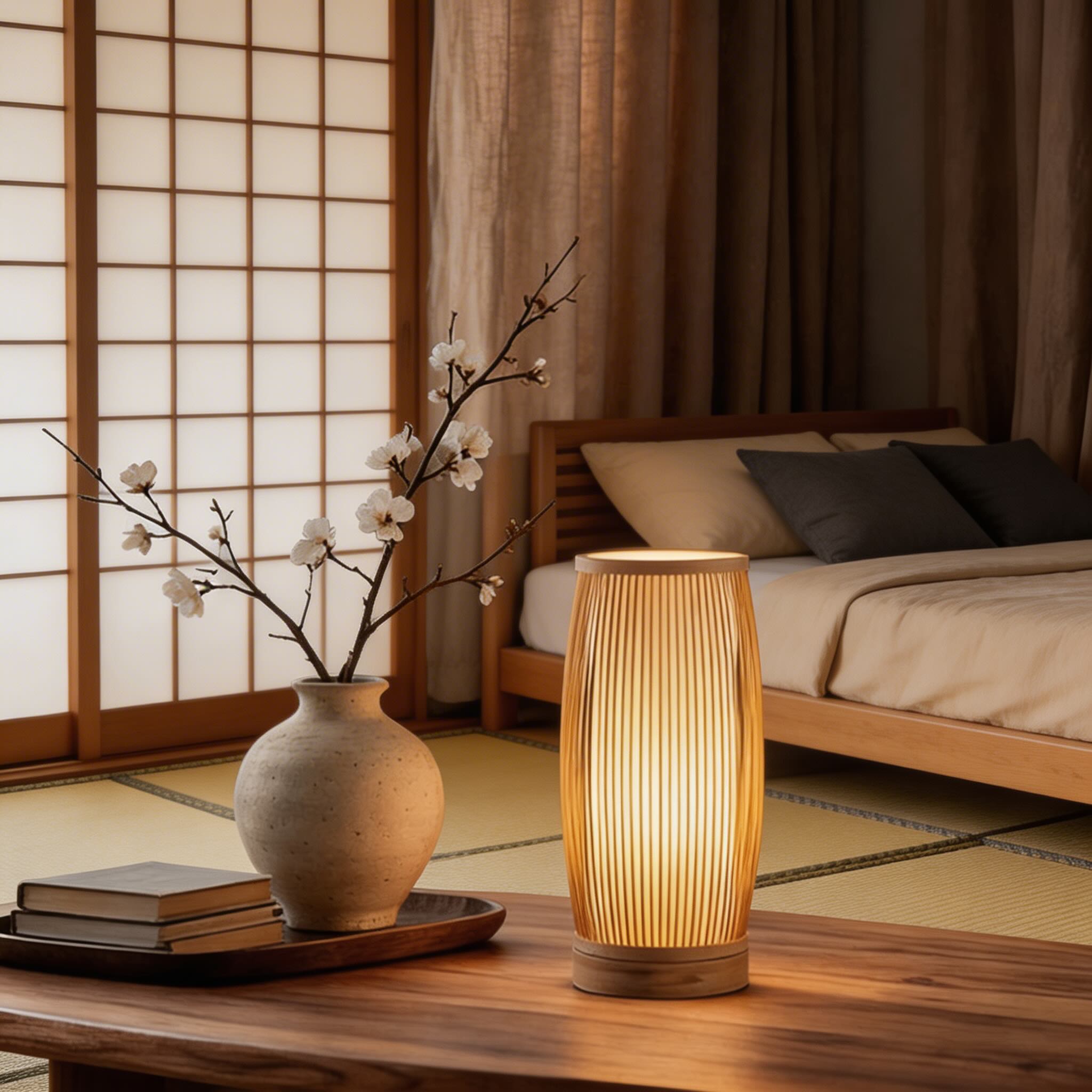 Japanese Style Bamboo Table Lamp Handwoven Lantern Design LED Dimmable Light Source | ribuella