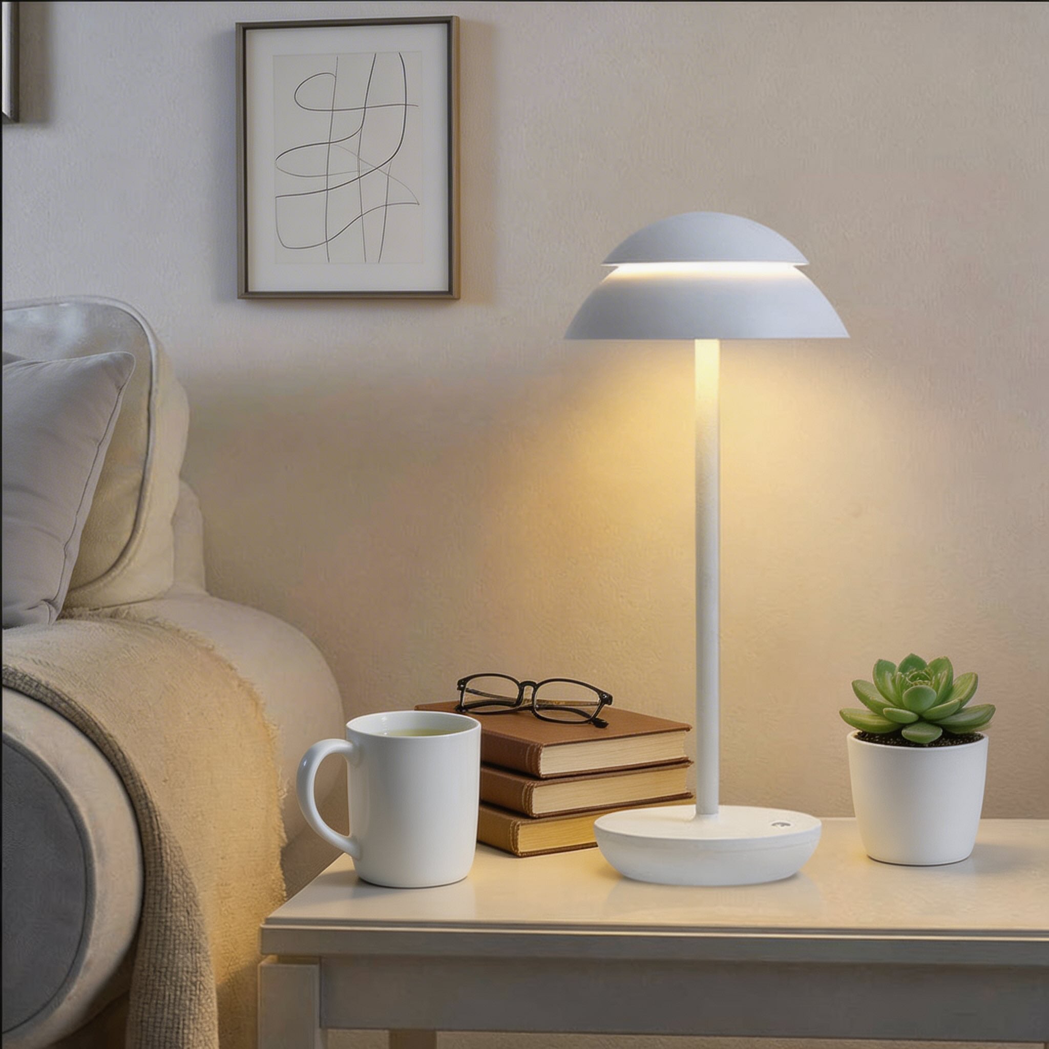 Lampă de masă modernă în formă de ciupercă, fără fir, din metal, cu LED reglabil, control tactil și 3 temperaturi de culoare | ribuella