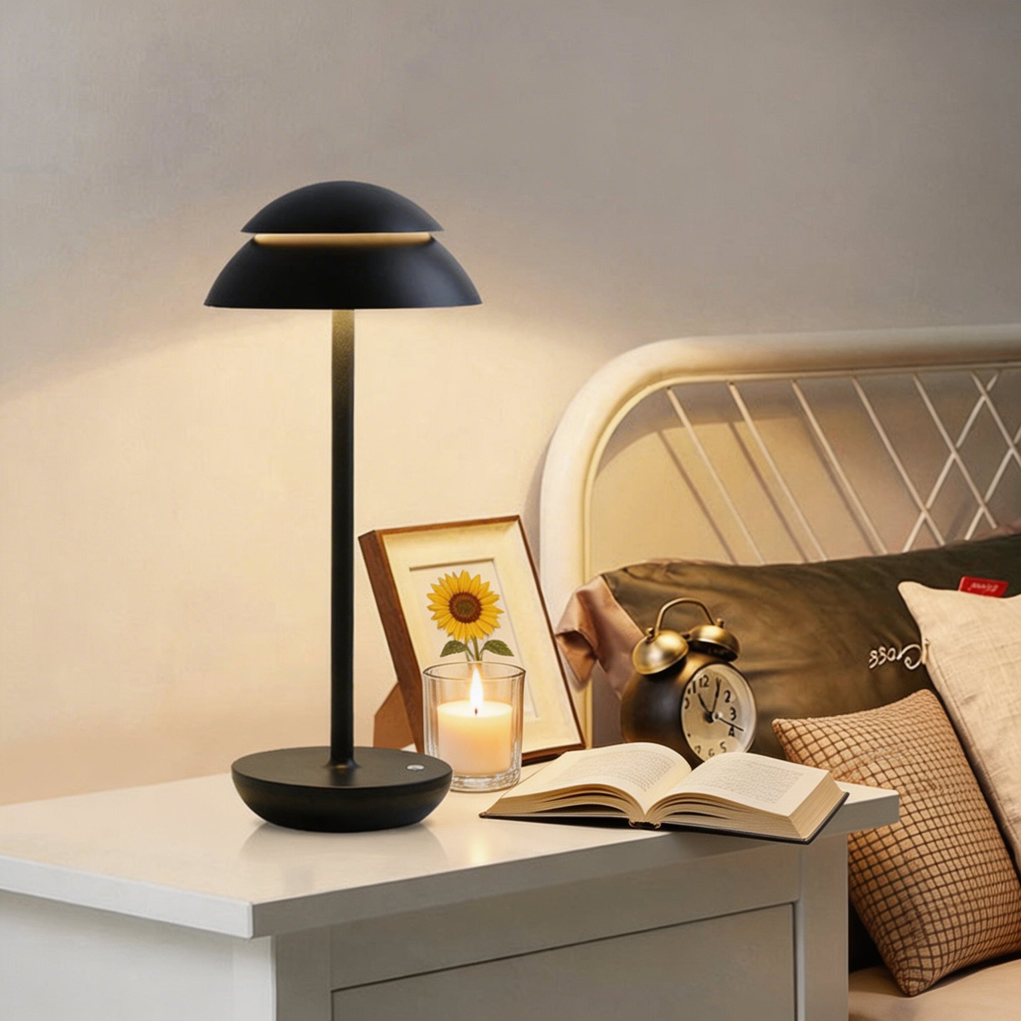 Lampă de masă modernă în formă de ciupercă, fără fir, din metal, cu LED reglabil, control tactil și 3 temperaturi de culoare | ribuella