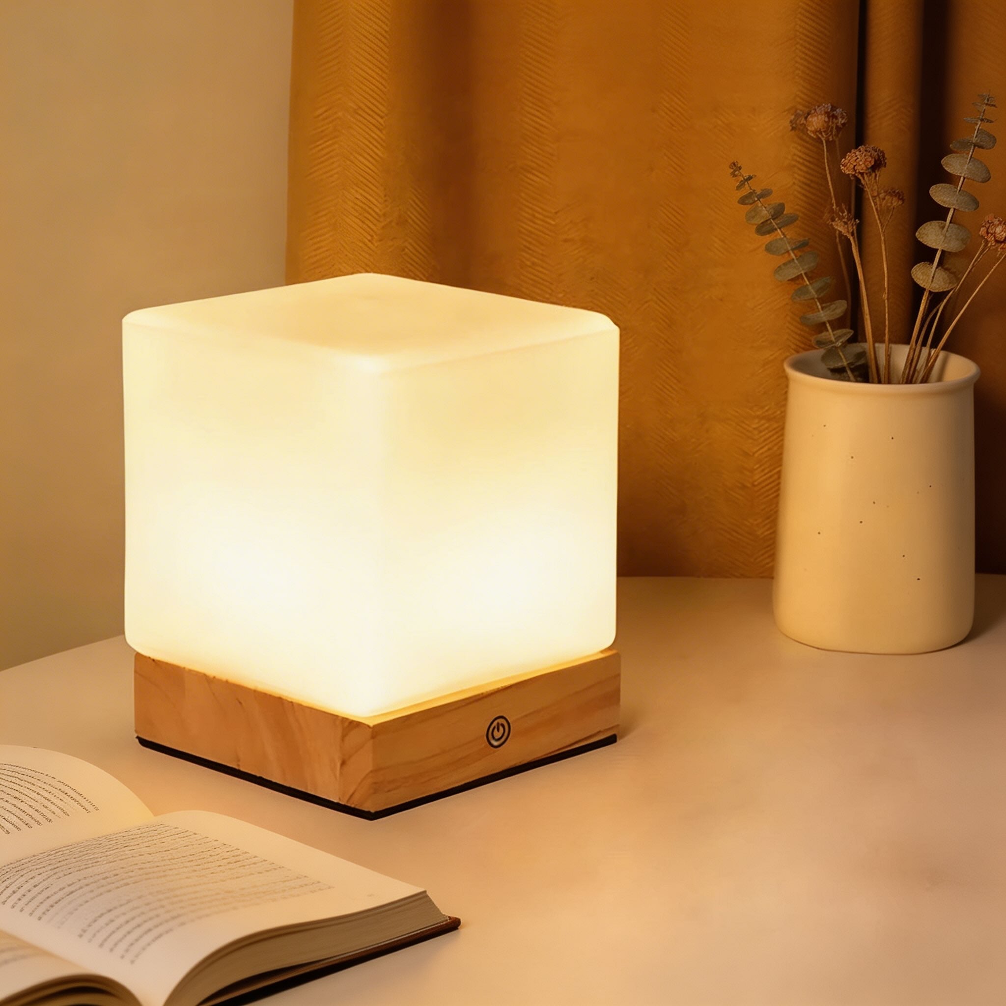 Modern Mini Cube Table Lamp Cordless Touch Control Rubber Wood Base Opal Glass Shade LED Warm Light | ribuella