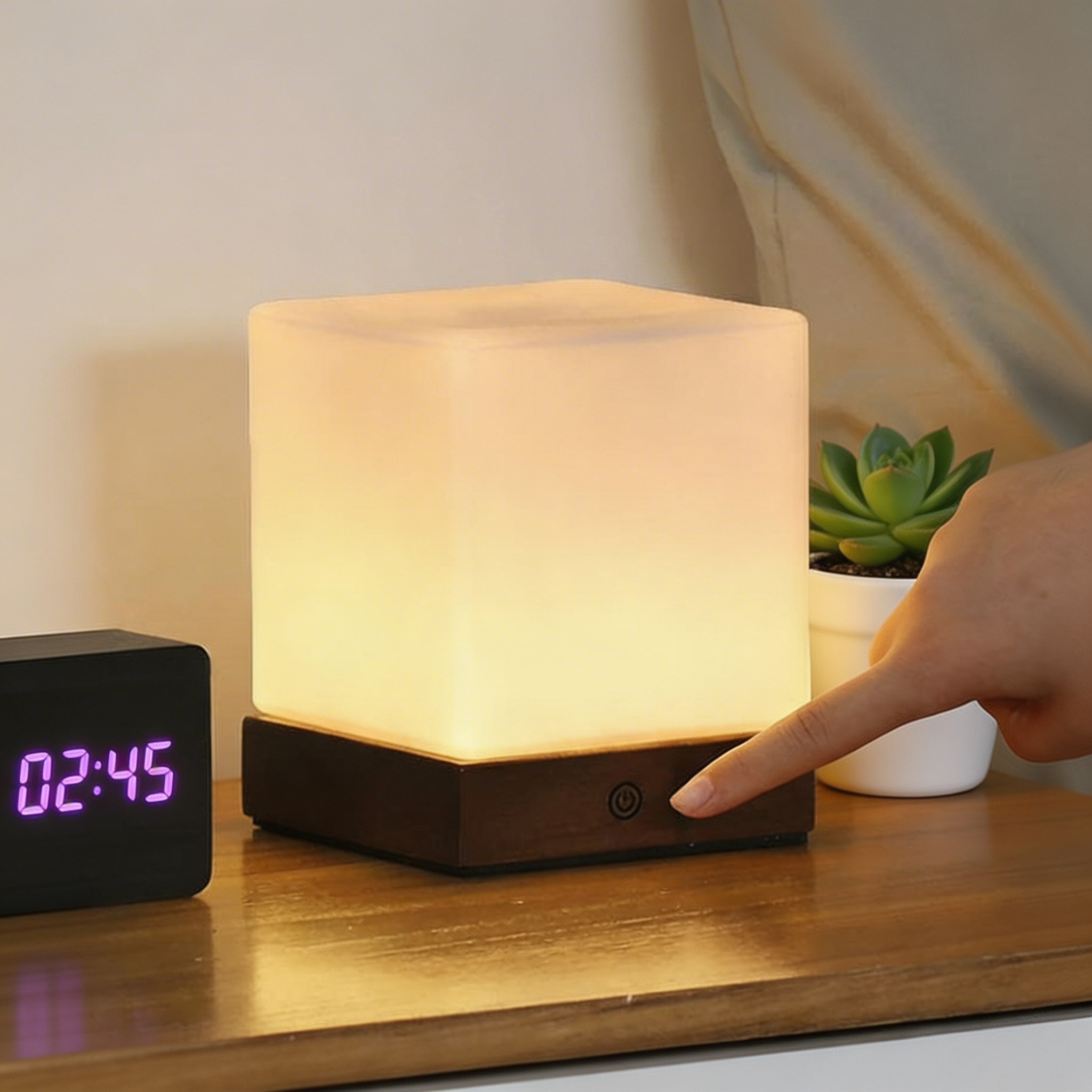 Modern Mini Cube Table Lamp Cordless Touch Control Rubber Wood Base Opal Glass Shade LED Warm Light | ribuella