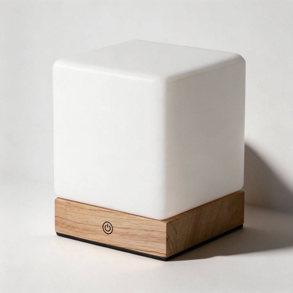 Modern Mini Cube Table Lamp Cordless Touch Control Rubber Wood Base Opal Glass Shade LED Warm Light | ribuella