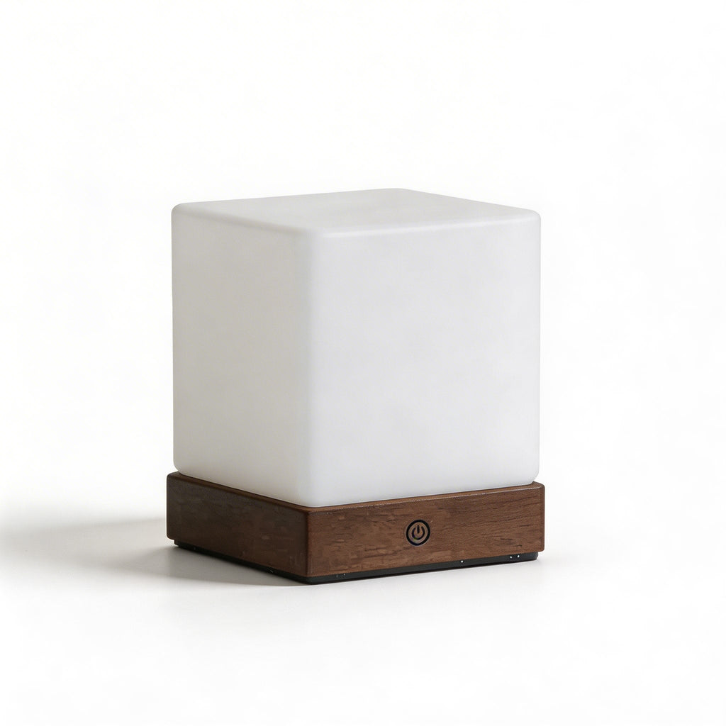 Modern Mini Cube Table Lamp Cordless Touch Control Rubber Wood Base Opal Glass Shade LED Warm Light | ribuella