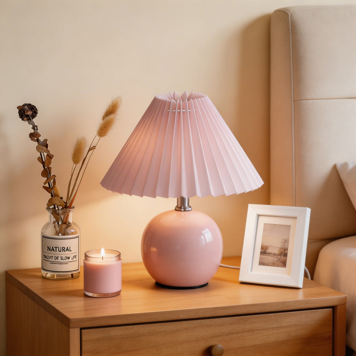 Candeeiro de mesa vintage com base de cerâmica, lâmpada LED E27 ajustável para quarto, mesa de cabeceira ou utilização junto à cama | ribuella