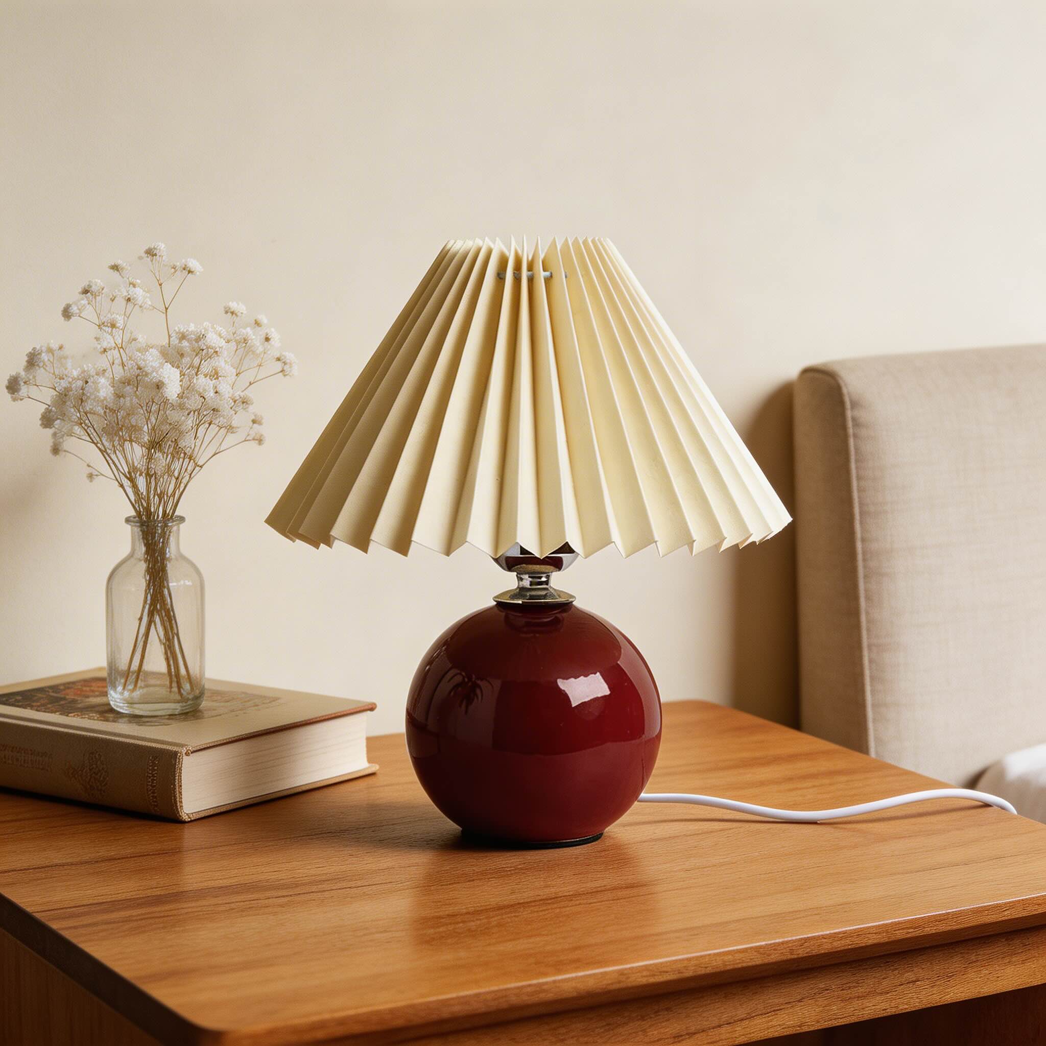 Candeeiro de mesa vintage com base de cerâmica, lâmpada LED E27 ajustável para quarto, mesa de cabeceira ou utilização junto à cama | ribuella