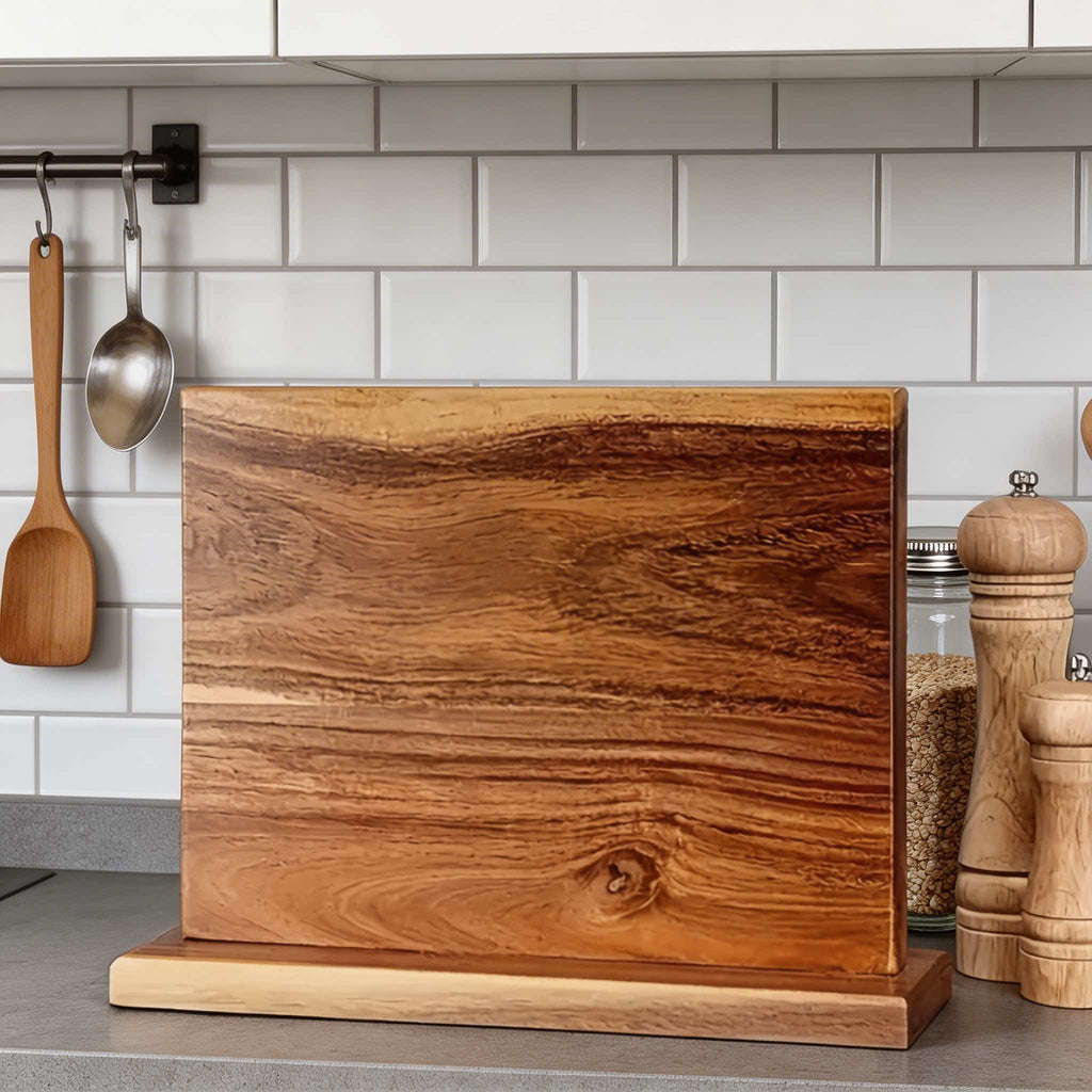 Moderner doppelseitiger Messerhalter, magnetischer Aufbewahrungsblock aus Holz für die Küche mit sicherer Messerorganisation | ribuella