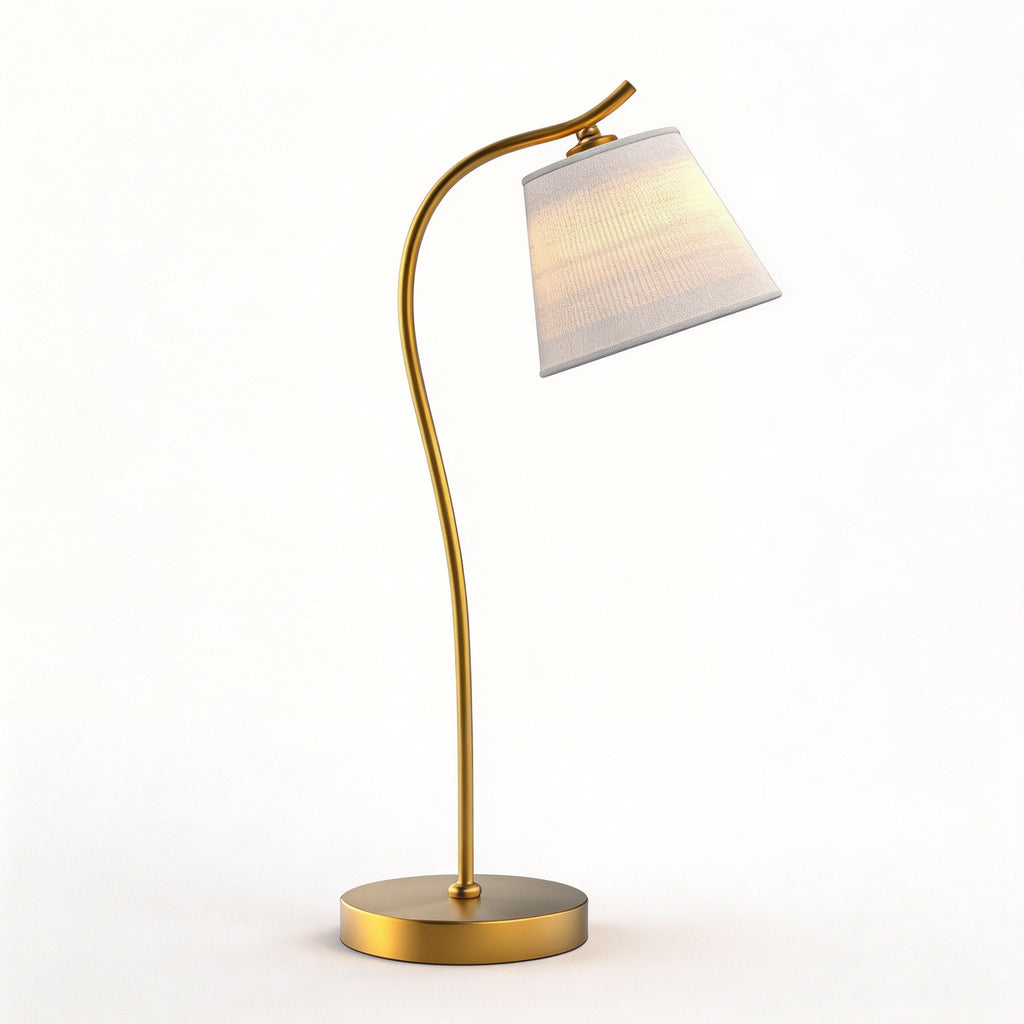 Moderní stolní lampa s nastavitelným husím krkem, kovovou základnou, měkkým látkovým stínidlem a LED žárovkou pro osvětlení domácí kanceláře | ribuella