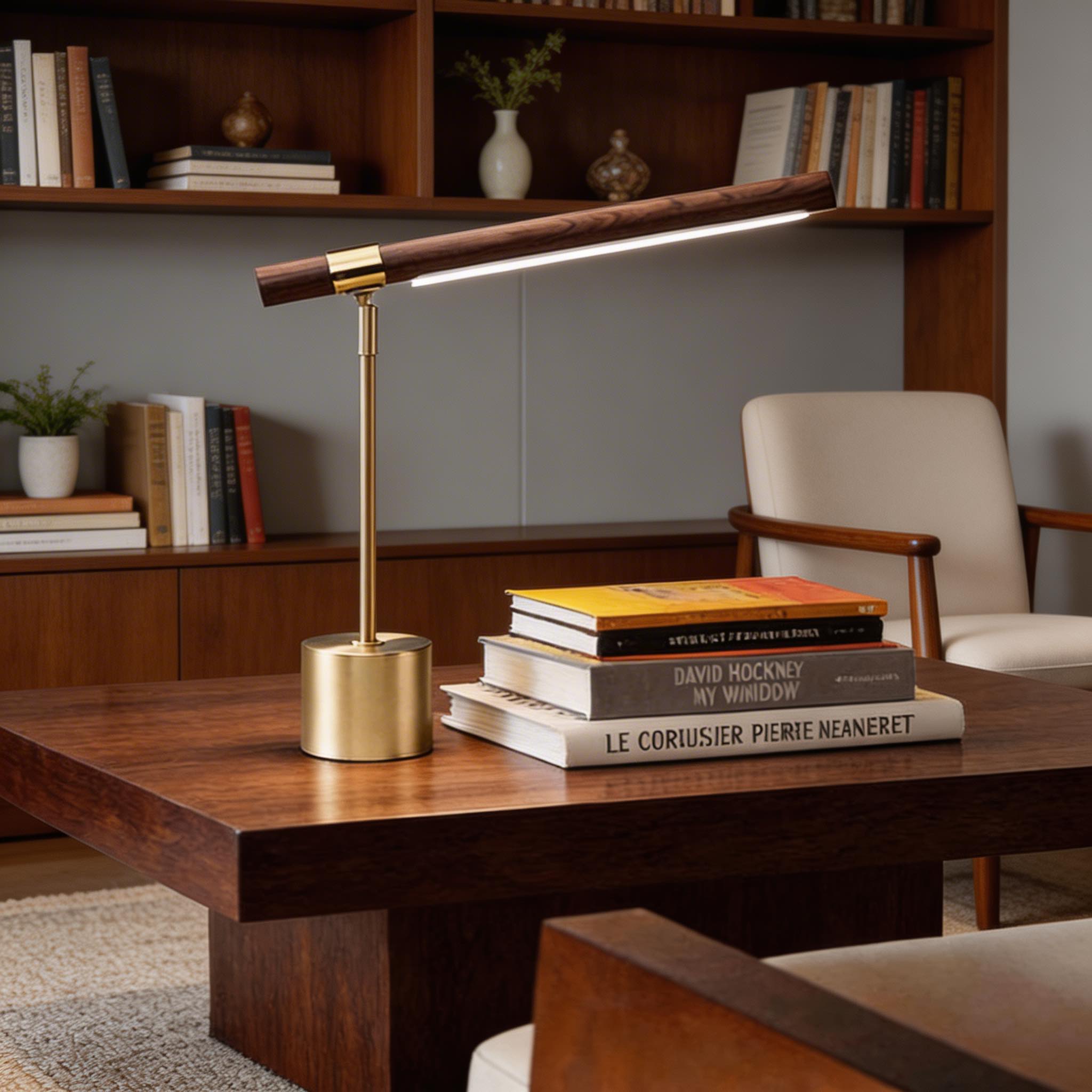 Moderne LED-Schreibtischlampe mit einstellbarer Farbtemperatur, aus Holz und Messing, USB-betrieben, für Homeoffice und Büro | ribuella