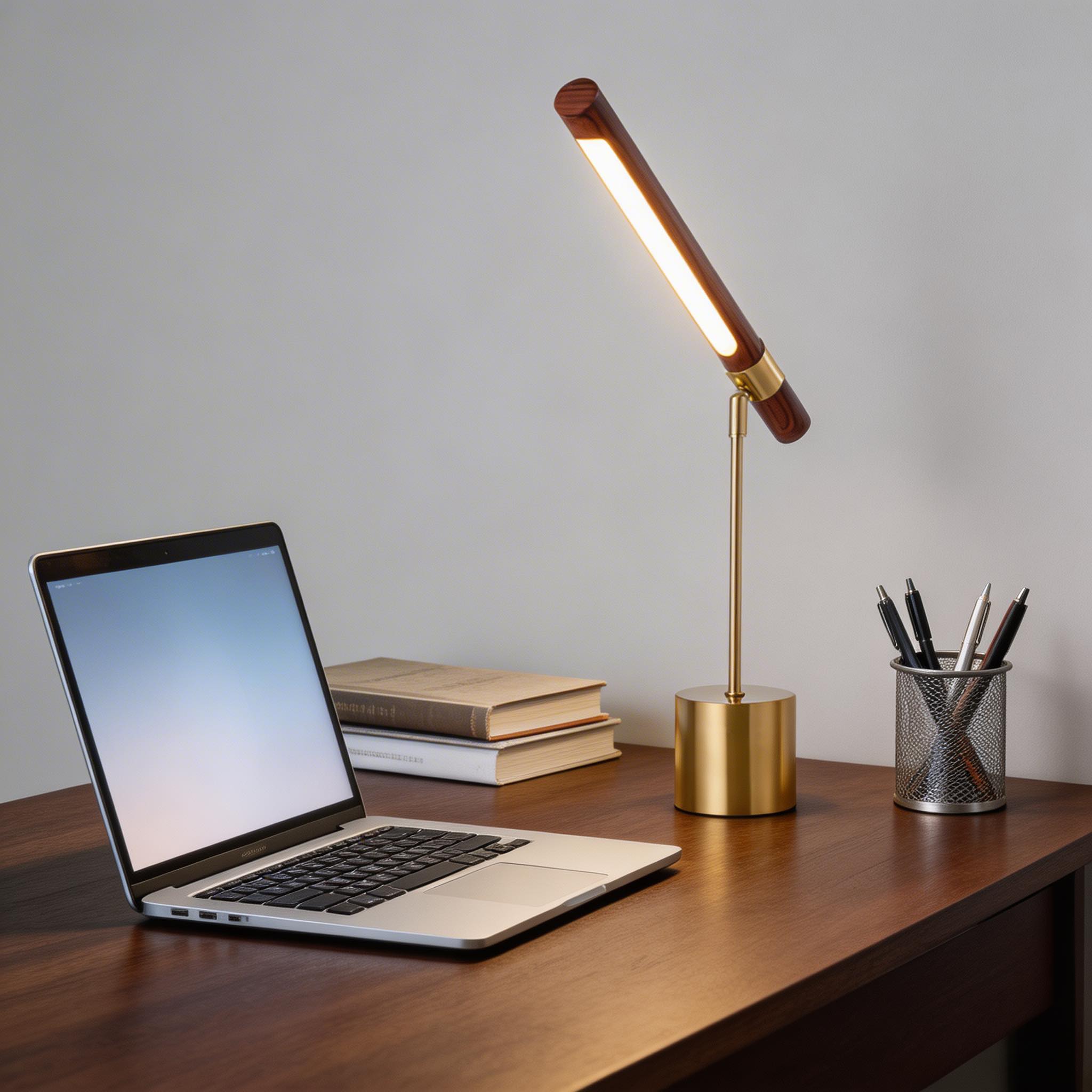 Moderne LED-Schreibtischlampe mit einstellbarer Farbtemperatur, aus Holz und Messing, USB-betrieben, für Homeoffice und Büro | ribuella