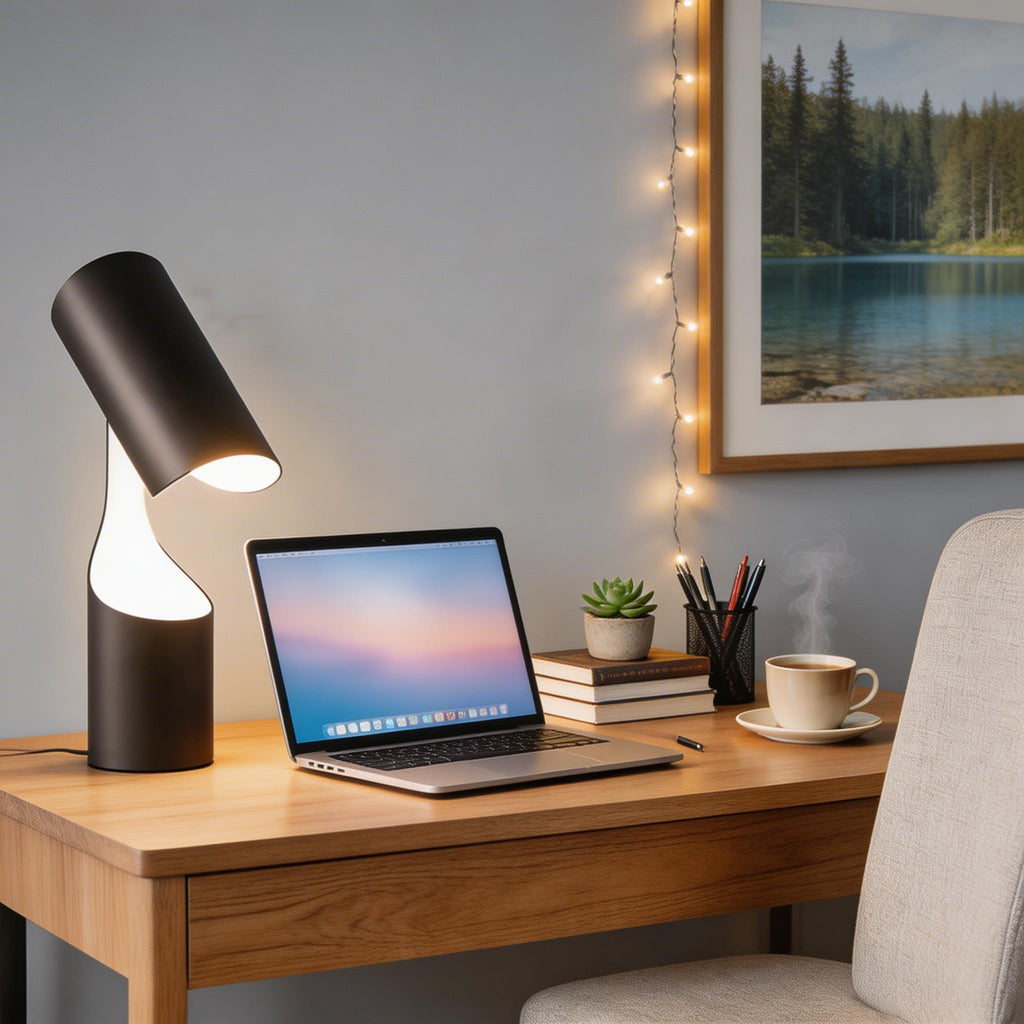 Moderní nastavitelná stolní lampa s kovovou konstrukcí v černé úpravě, energeticky úsporné LED osvětlení pro domácí kancelář | ribuella