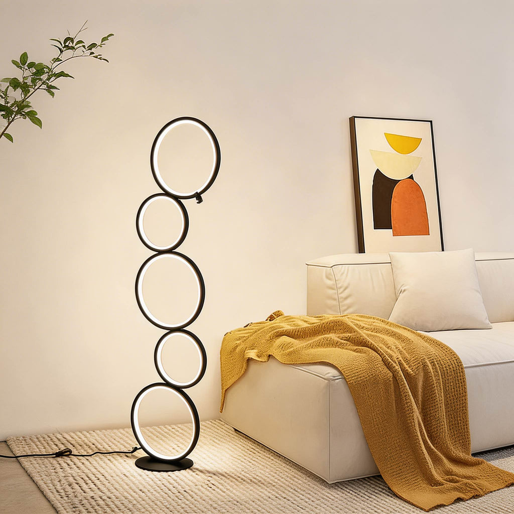 Moderní stojací LED lampa s nastavitelnou výškou, železnou konstrukcí a kruhovým designem z PVC pro ambientní osvětlení obývacího pokoje a ložnice | ribuella