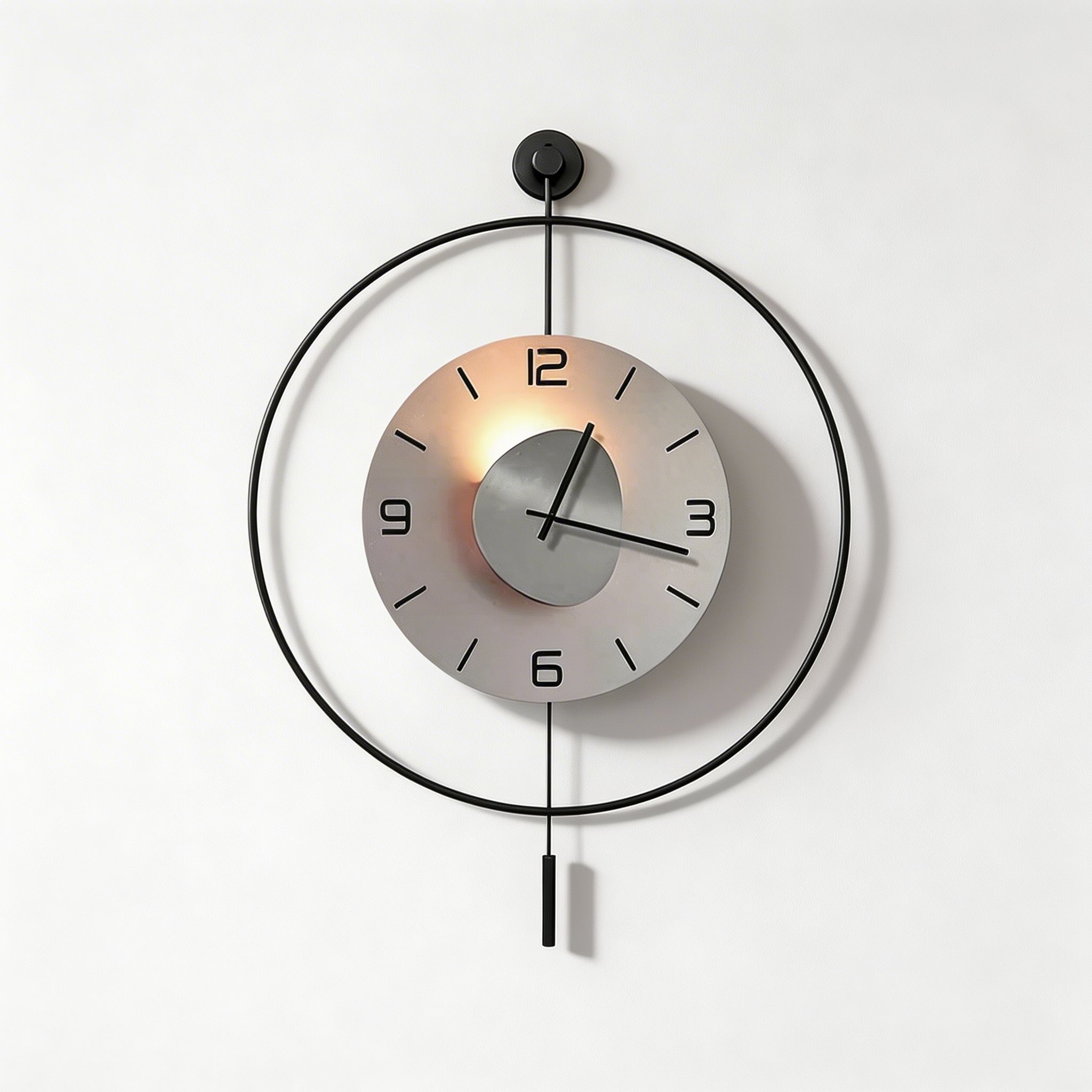Horloge murale moderne ronde en aluminium noir avec rétroéclairage LED dissimulé, à piles | ribuella
